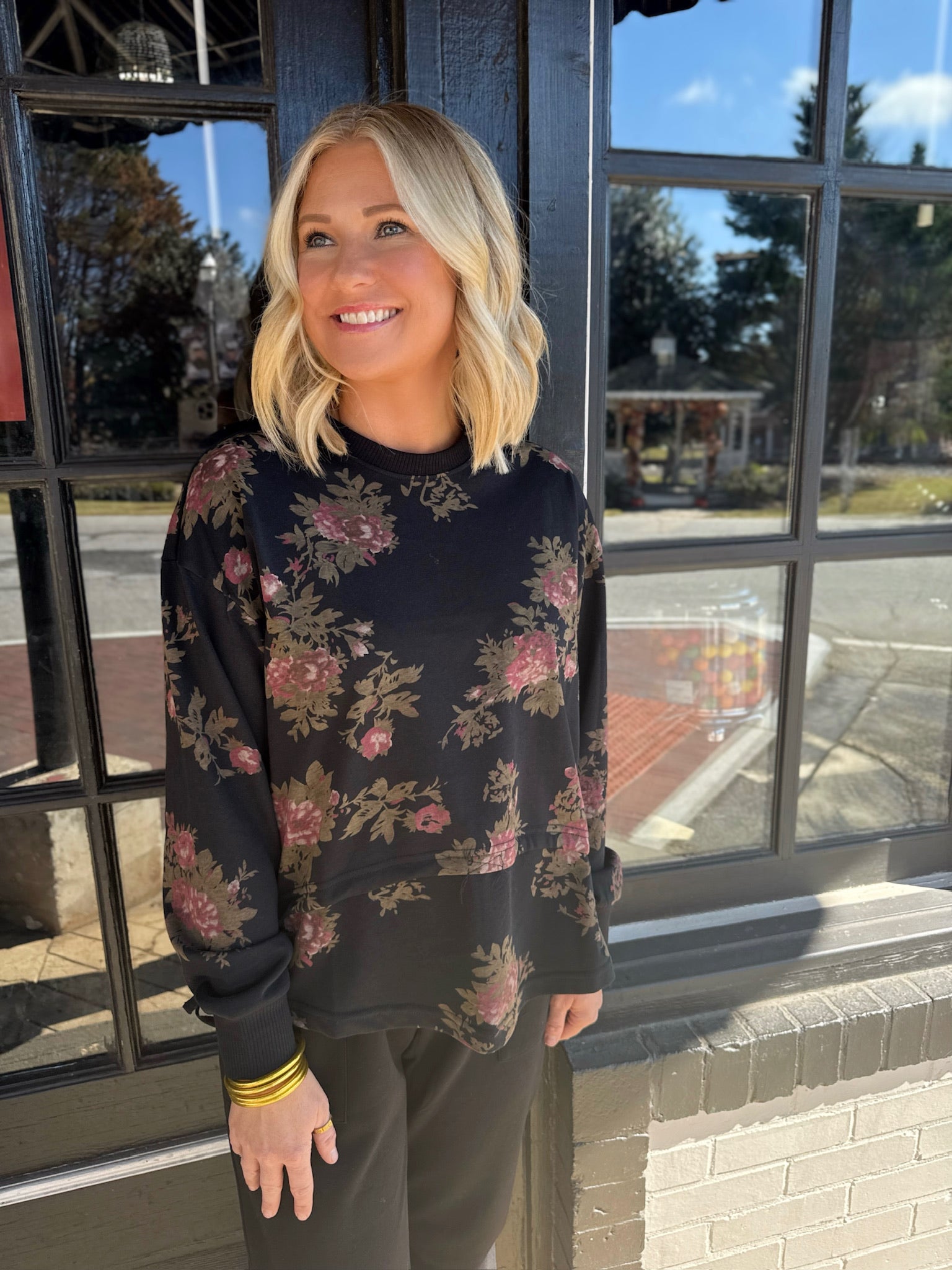 I'll Do It All Again Floral Terry Drawstring Waist Sweatshirt