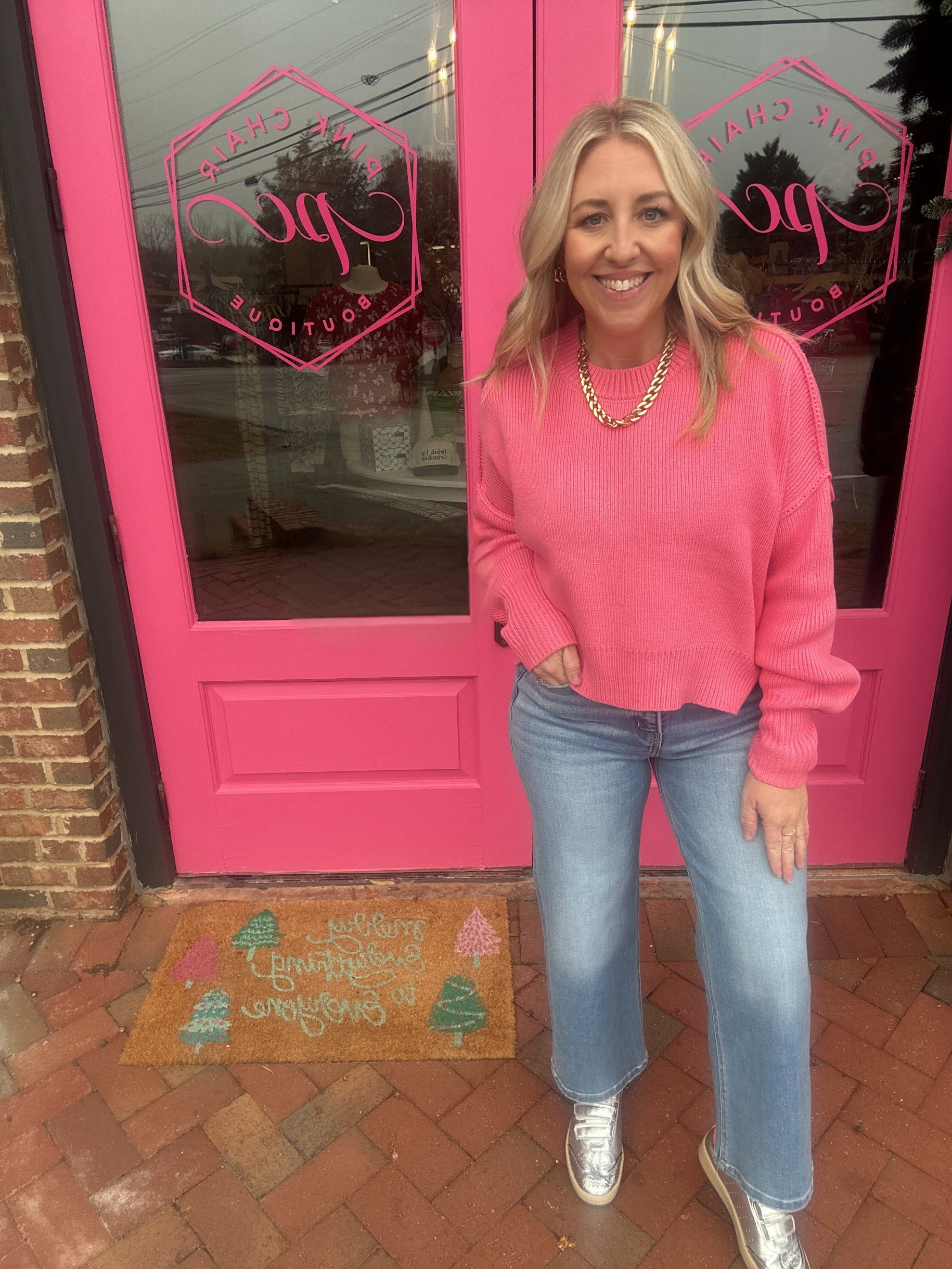 Mae Long Sleeve Wide Neck Sweater in Taffy Pink