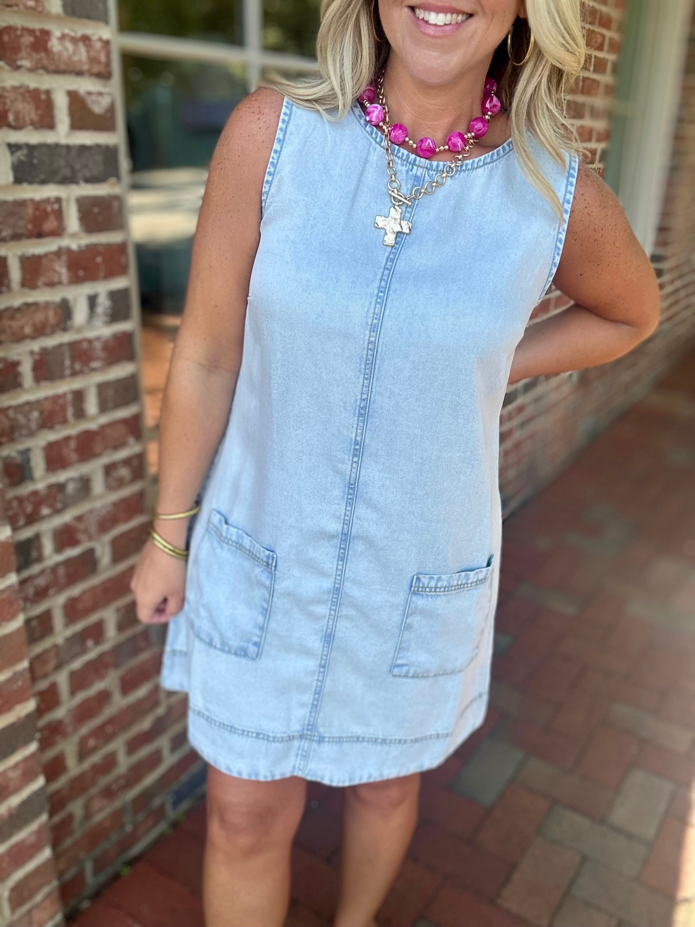 Cowgirl Washed Denim Mini Dress with Front Pockets