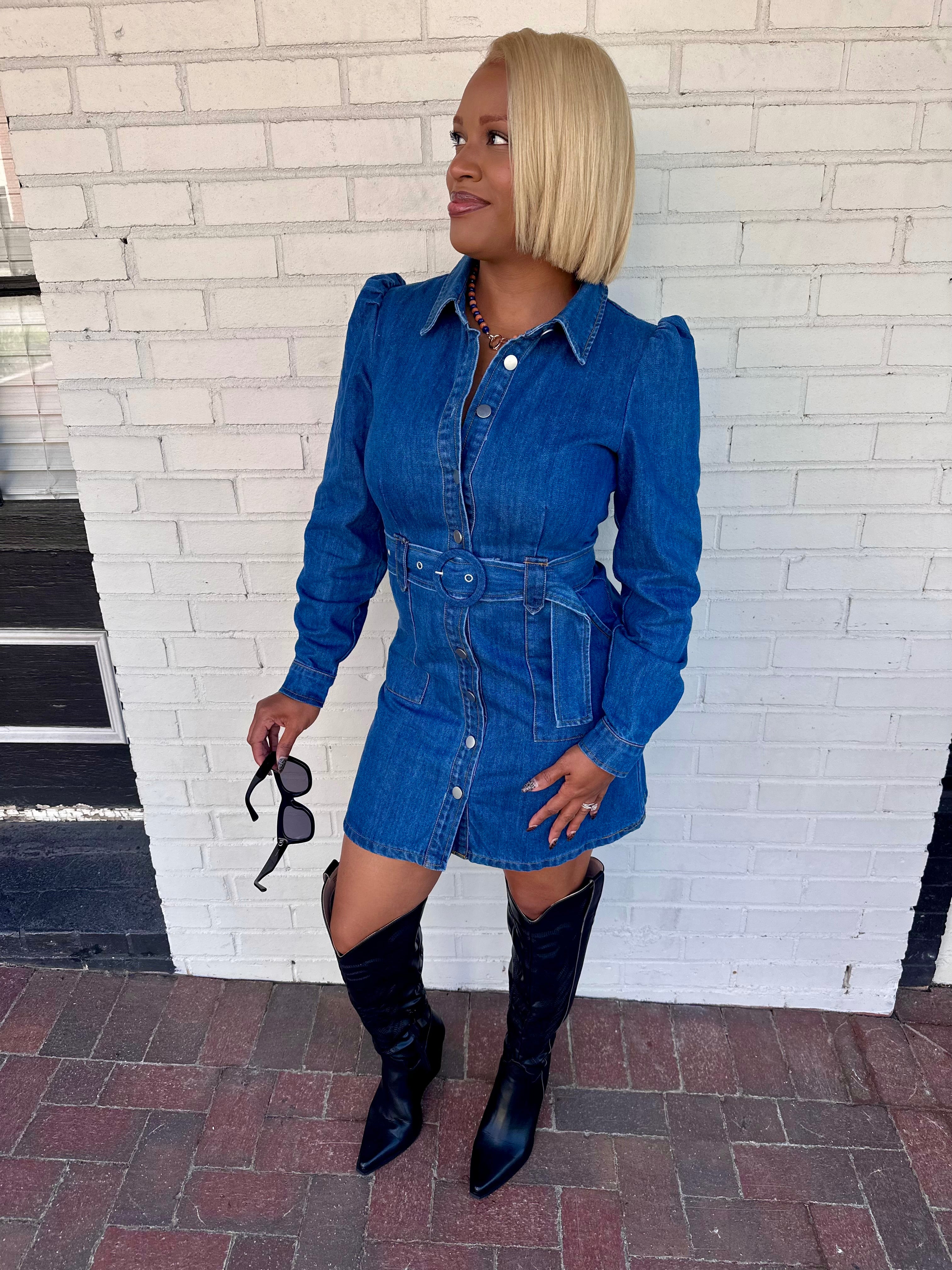 Tailgate Ready Denim Button Down Dress with Belt