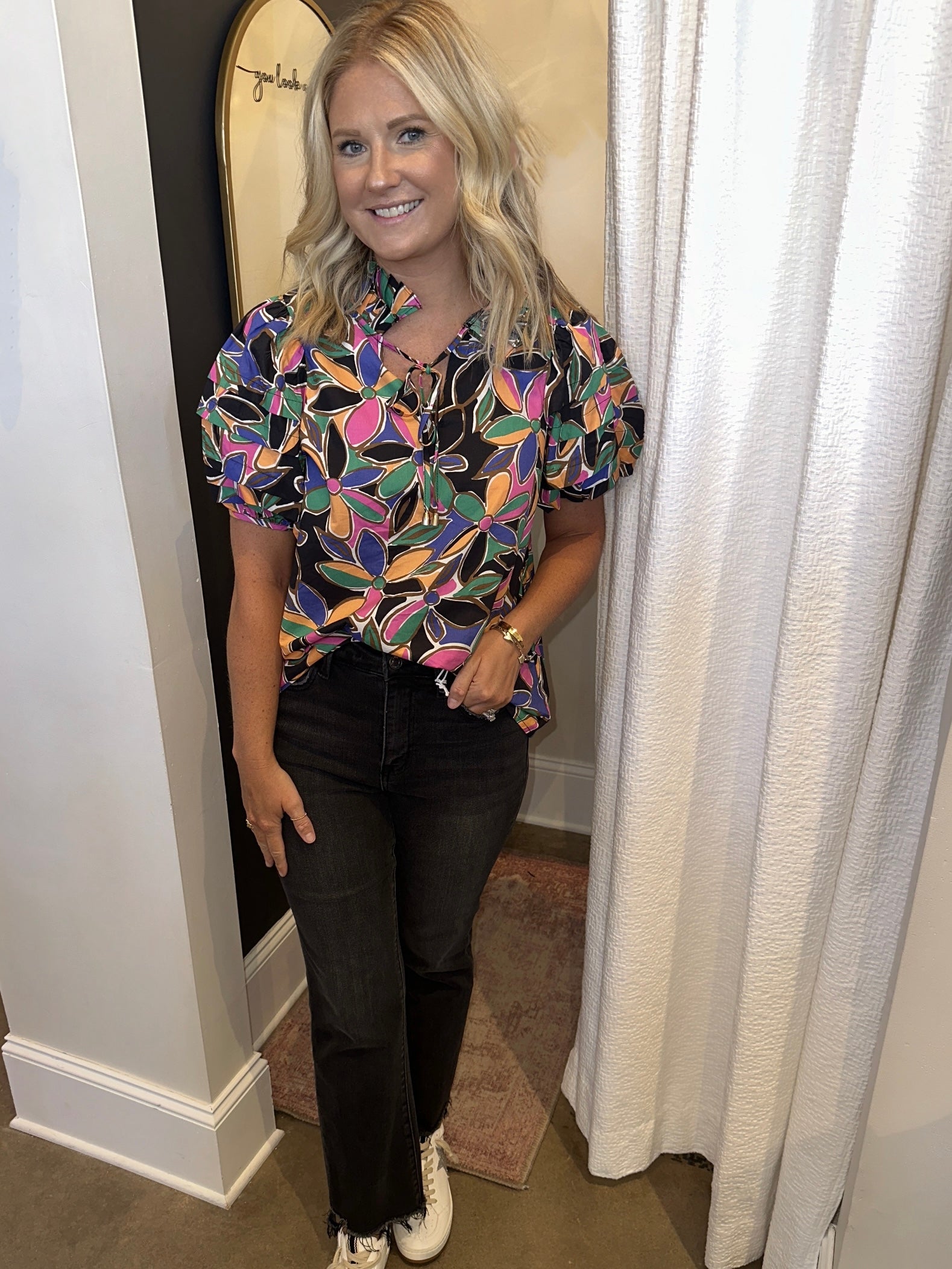 Shania Flower Printed Multi Colored Puff Sleeve Top