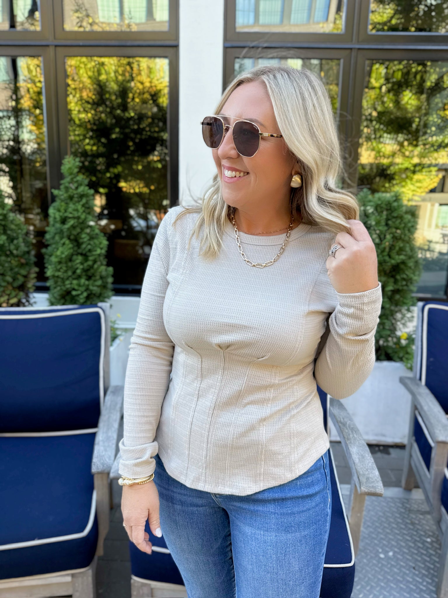 Trust Fall Round Neck Pleated Detail Long Sleeve Top