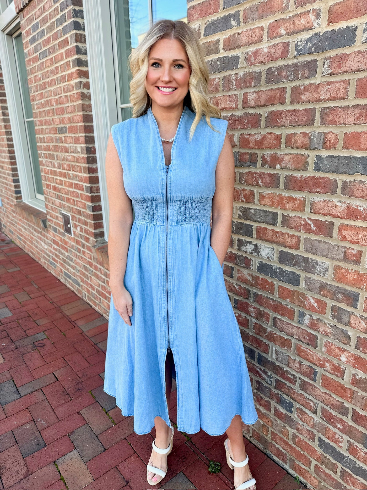 Miss Me More Zip Up Midi Denim Dress