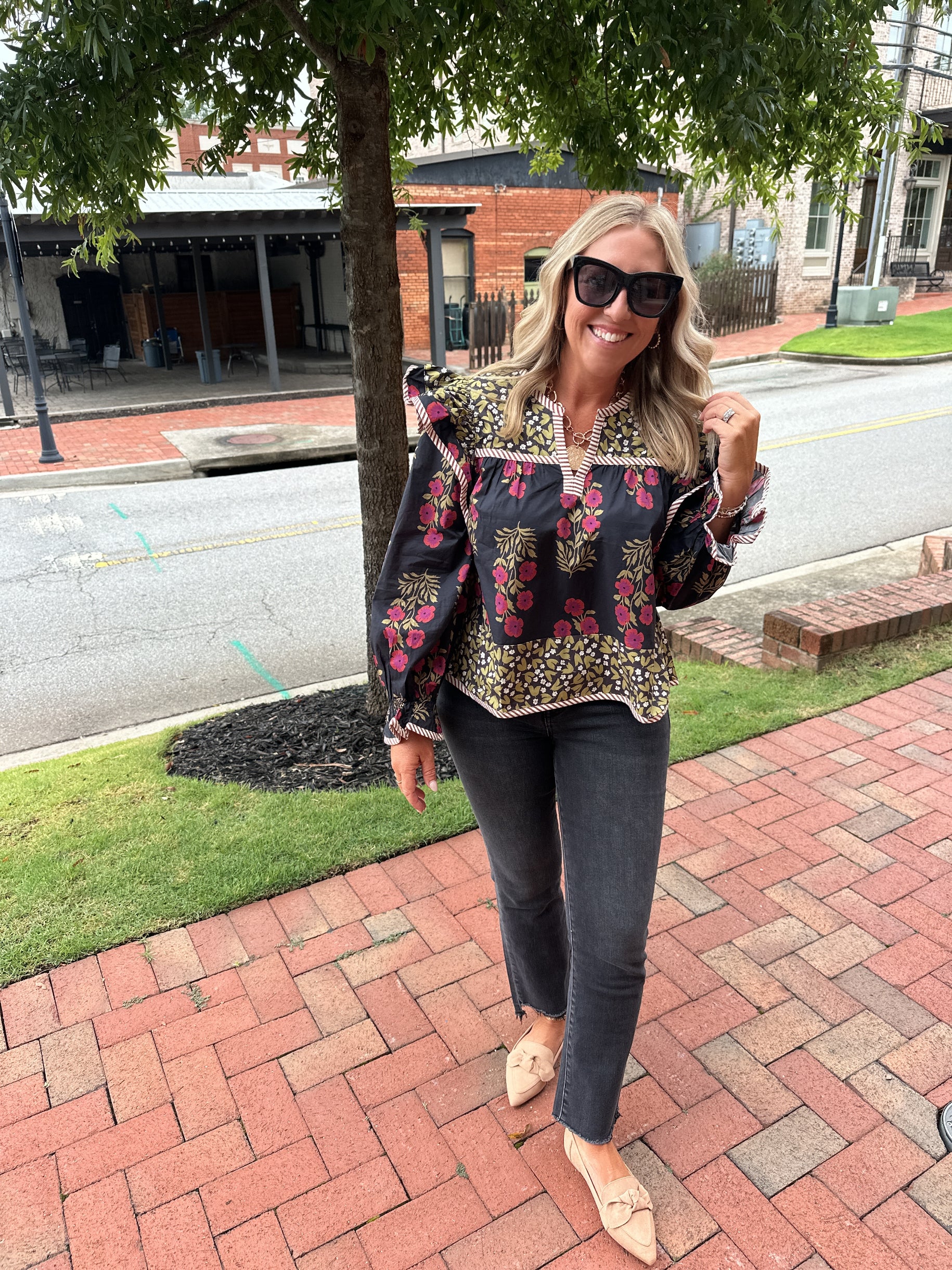 Falling into Florals Multi Print Long Sleeve with Ruffles in Black