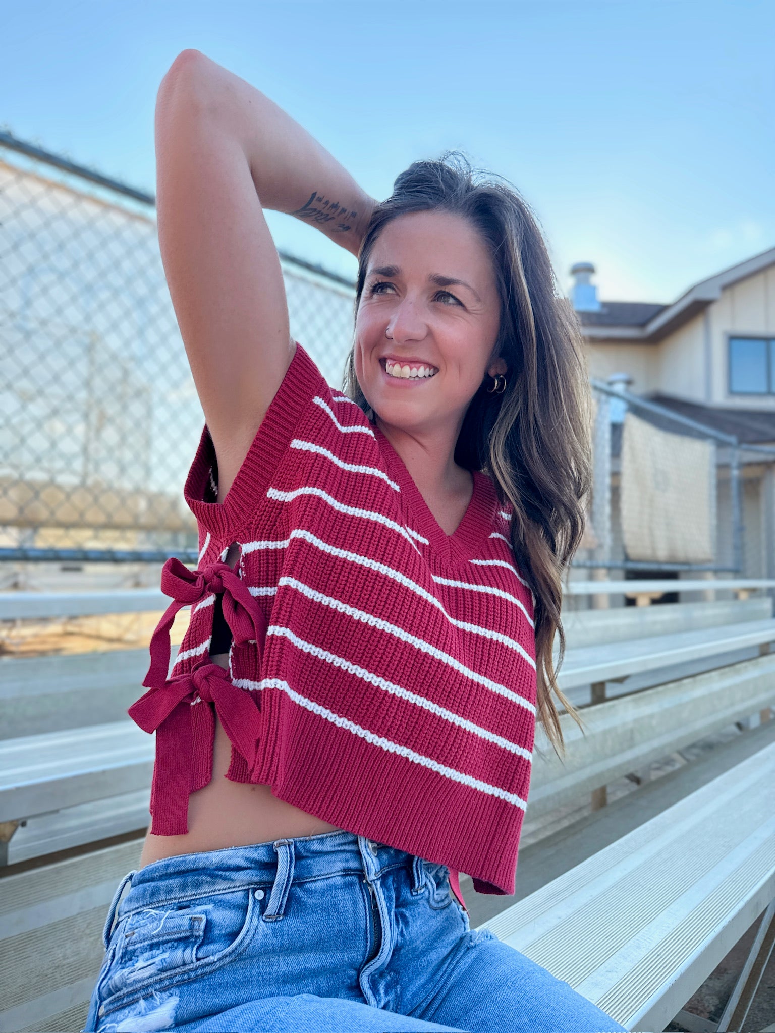 We Ready Striped V Neck Double Side Tie Sweater Tank Top