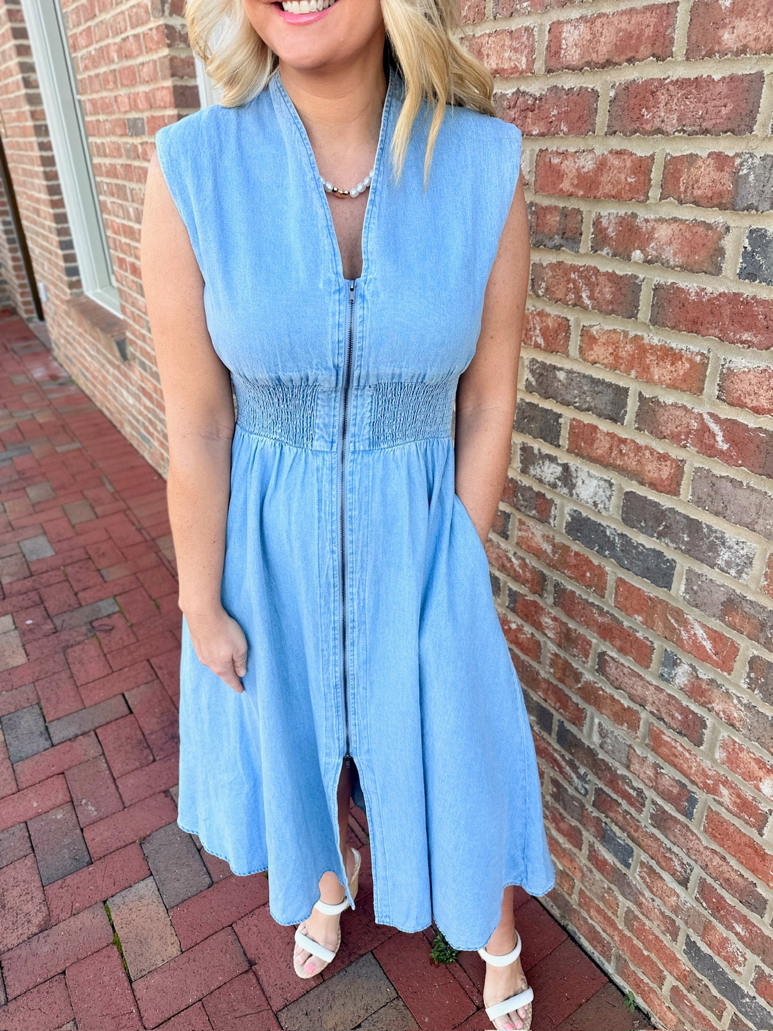 Miss Me More Zip Up Midi Denim Dress