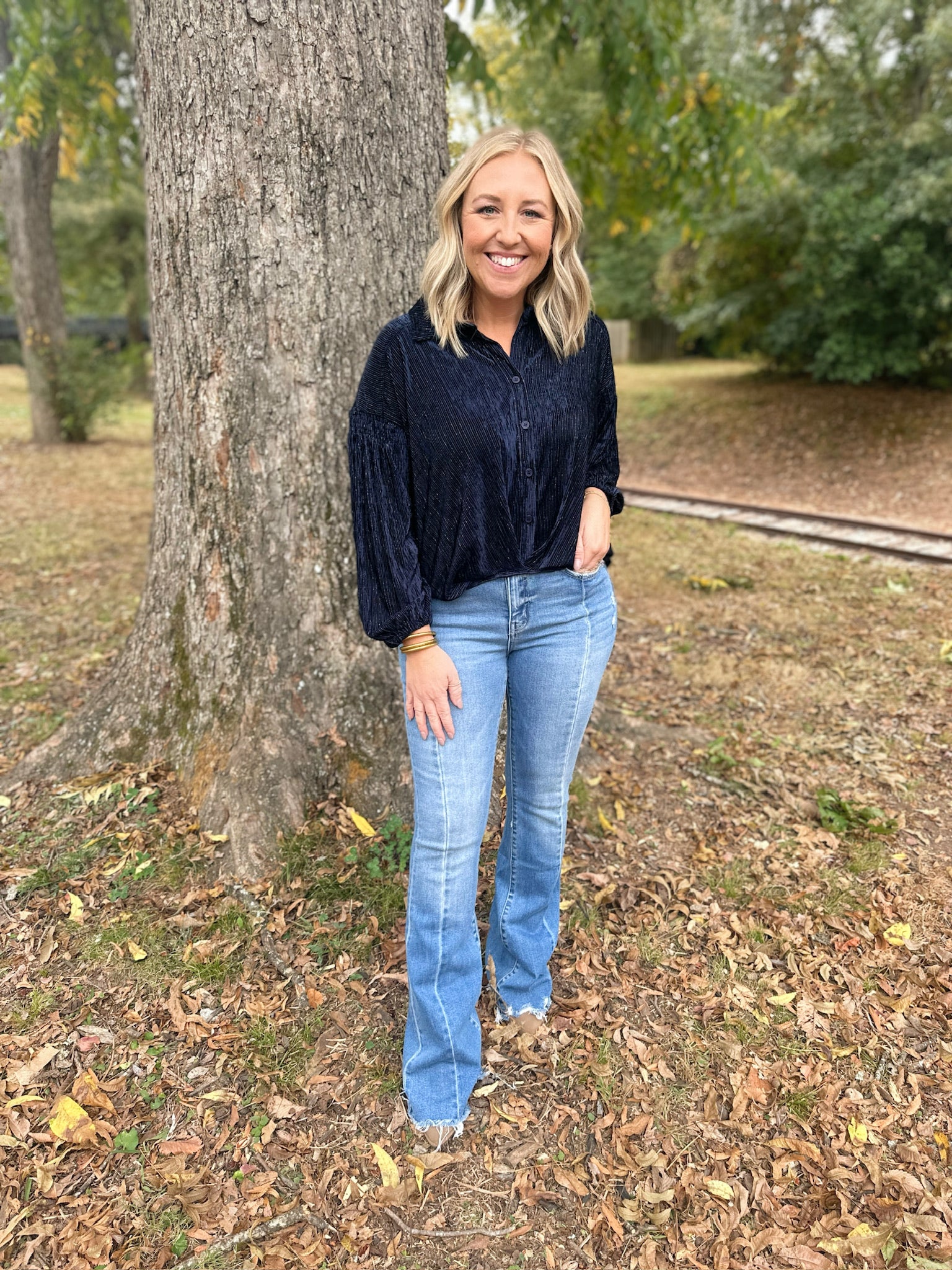 Run To Me Long Sleeve Button Down Blouse Top-Navy