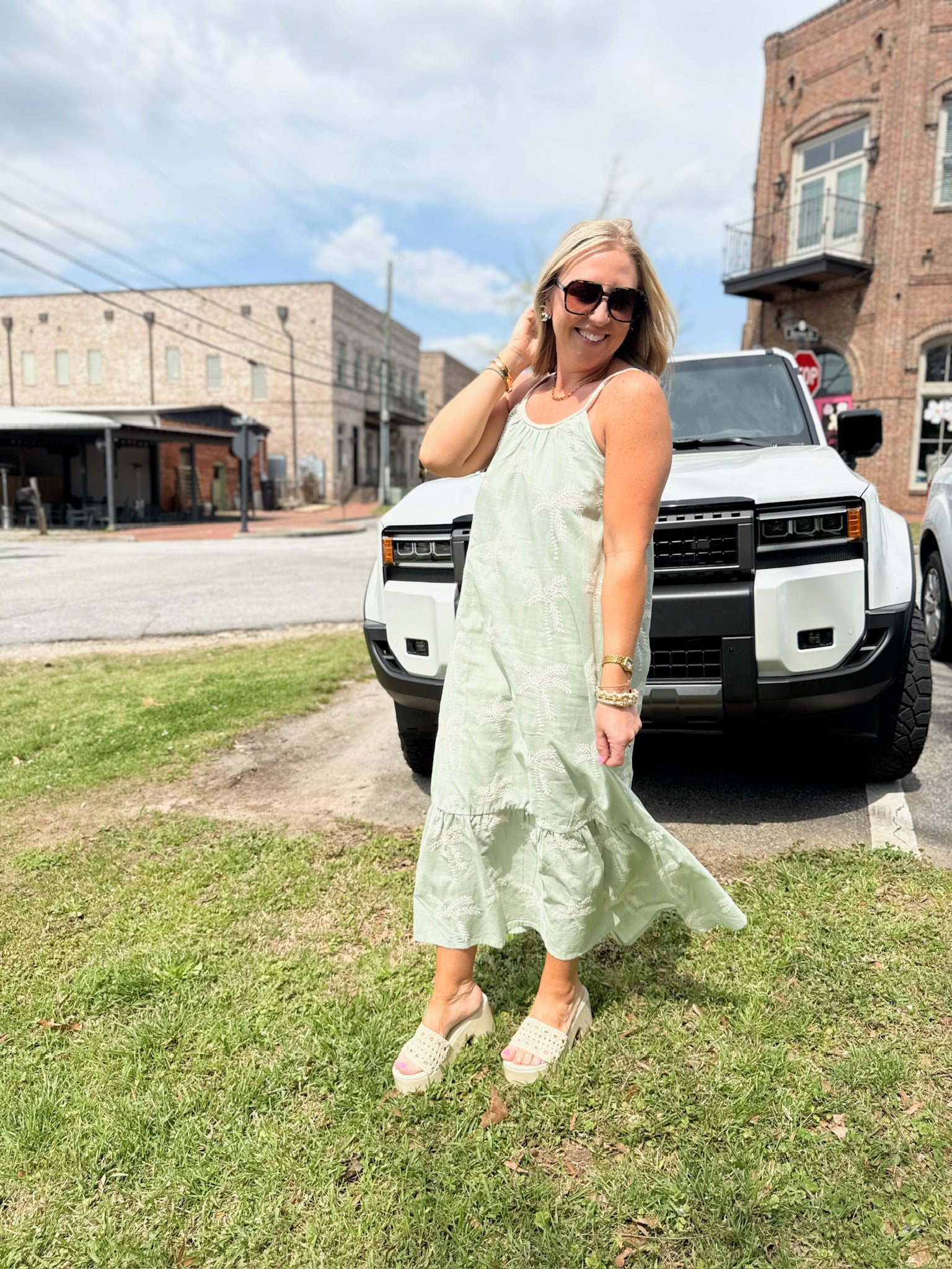 Sage Summer Palm Tree Printed Maxi Dress