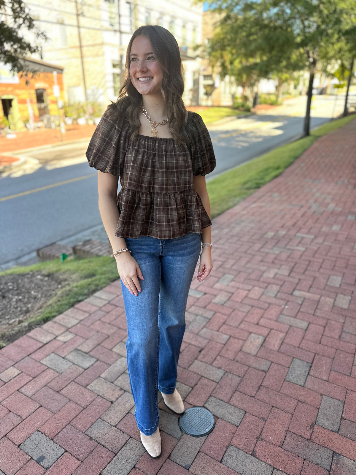 Espresso Plaid Square Neck Peplum Blouse
