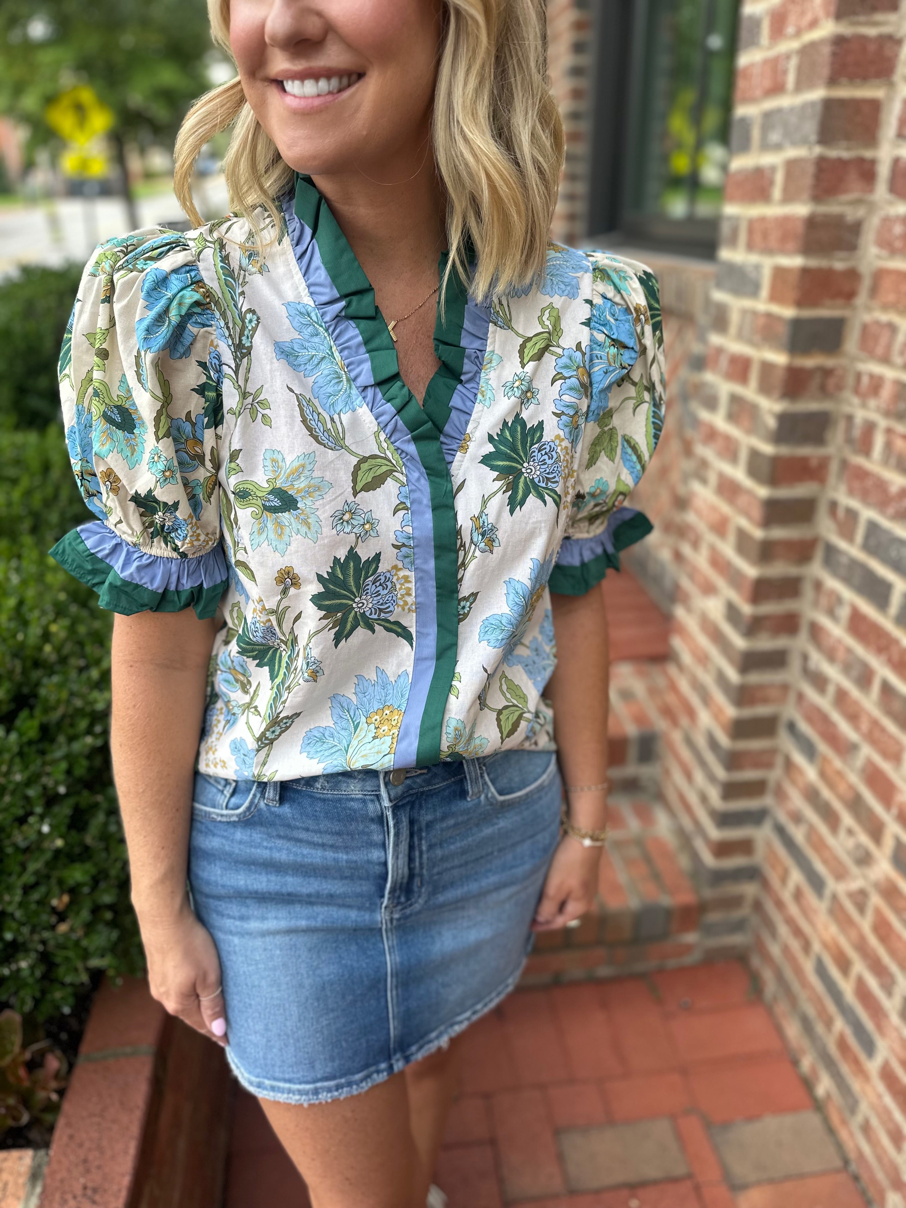 Stella Floral Short Sleeve Blouse with Ruffles