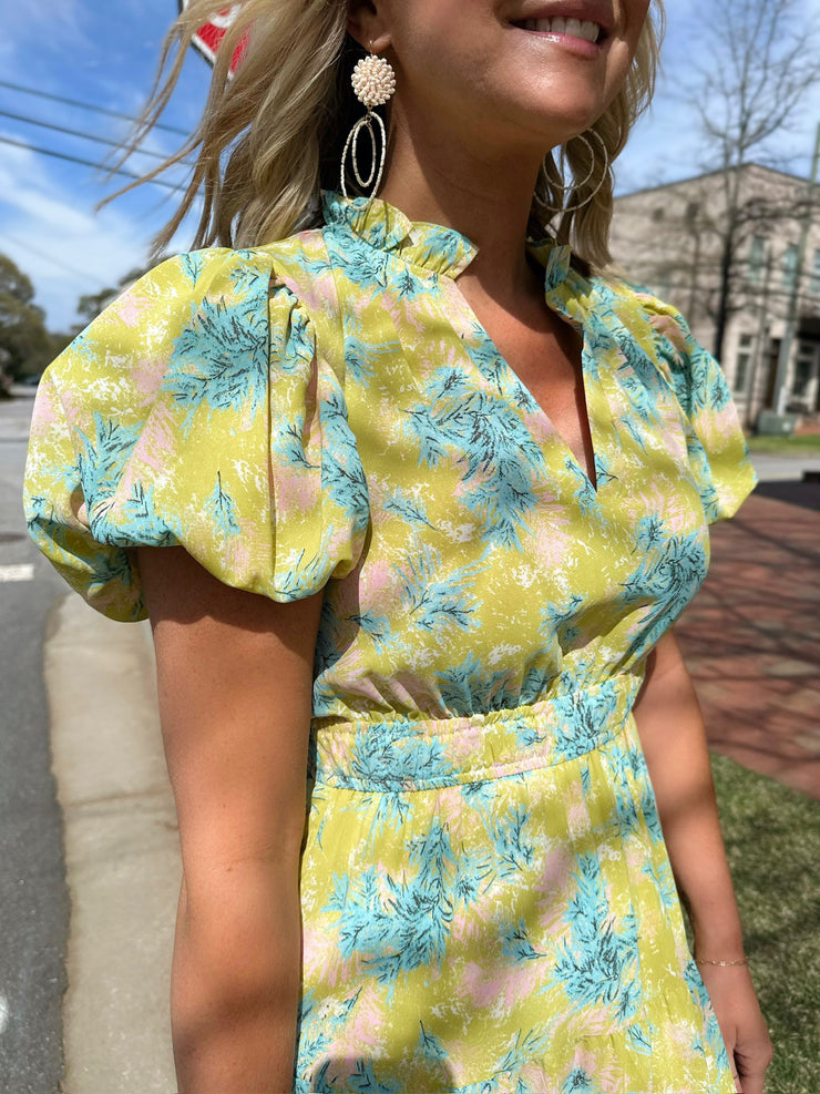 Imagine More Lime Palm Print Bubble sleeve Maxi Dress