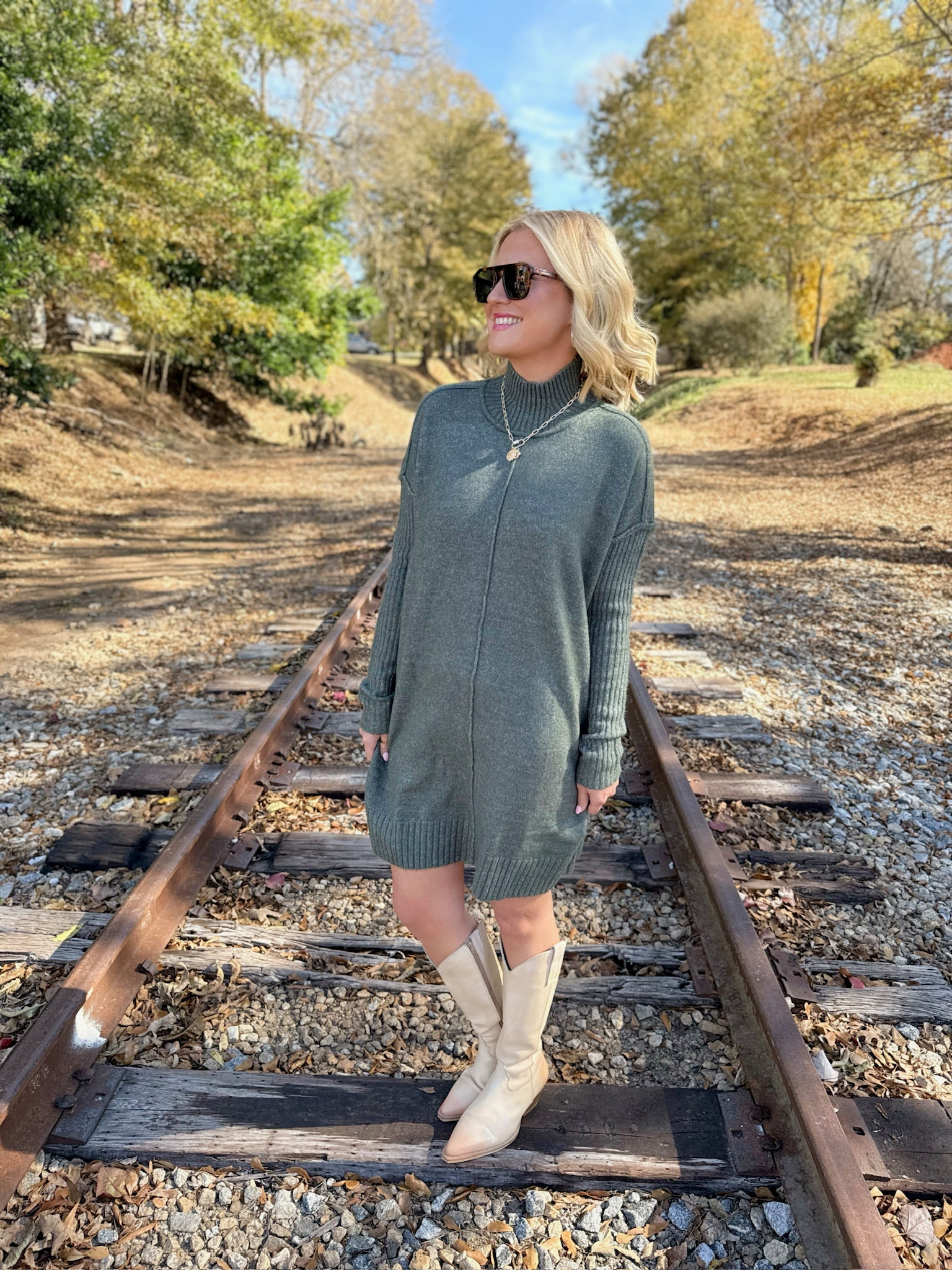 Winter Wonderland Turtle Neck Knit Dress in Olive
