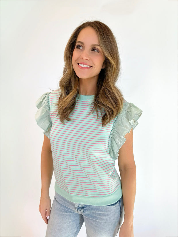 One Thing Ruffled Sleeve Striped Top