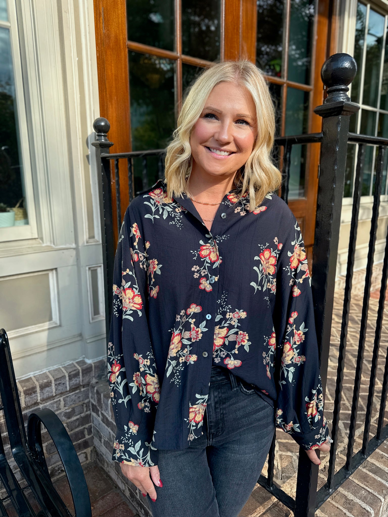 Maria Floral Collar Button Down Long Sleeve Top