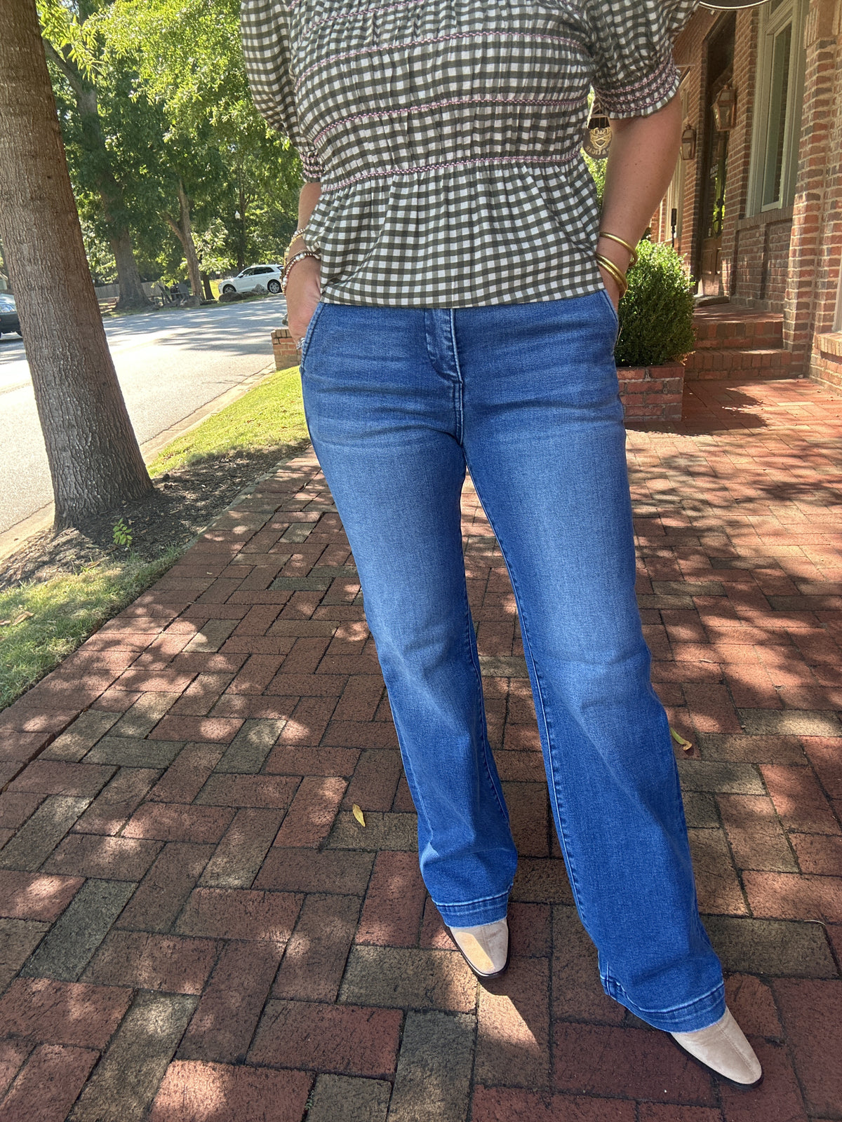 The Avery High Rise Bootcut Leg Double Button Down Jeans