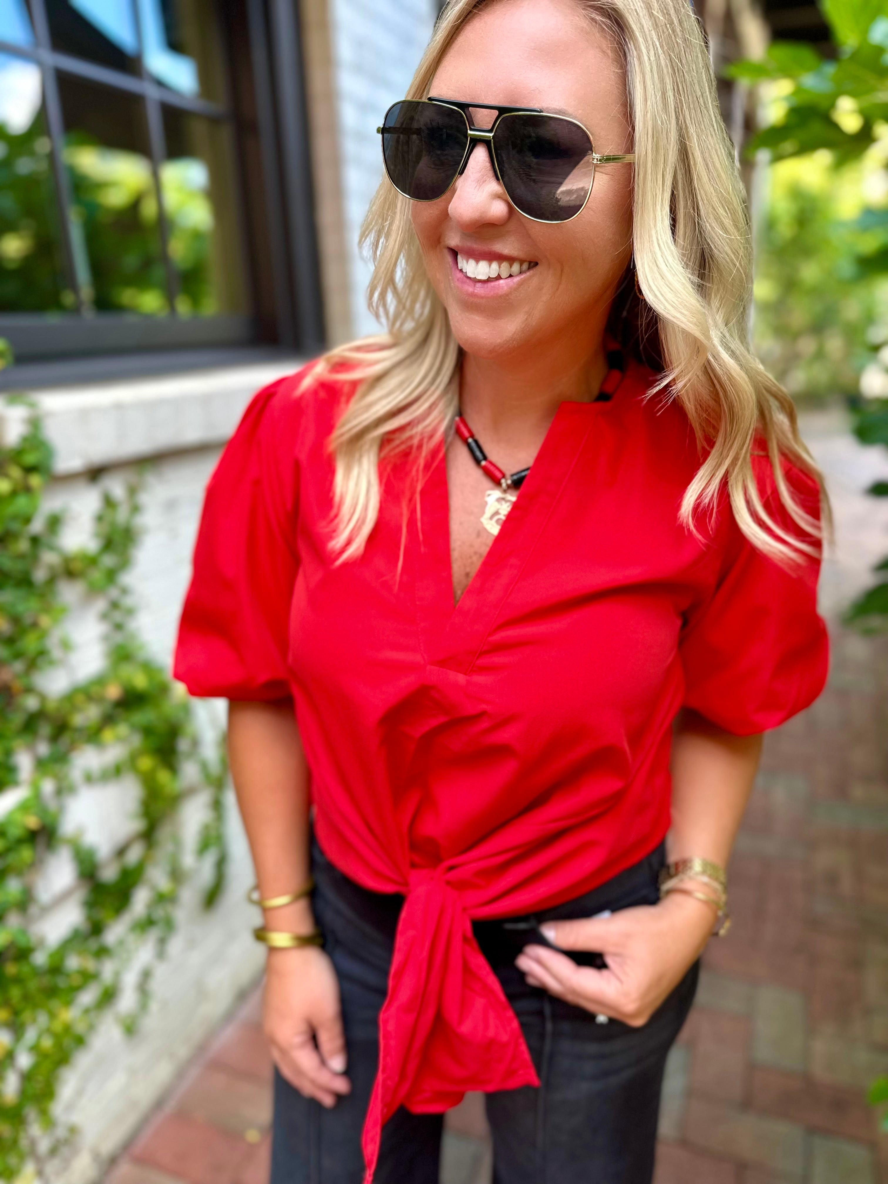 Game On Front Tie Blouse with Puff Sleeves