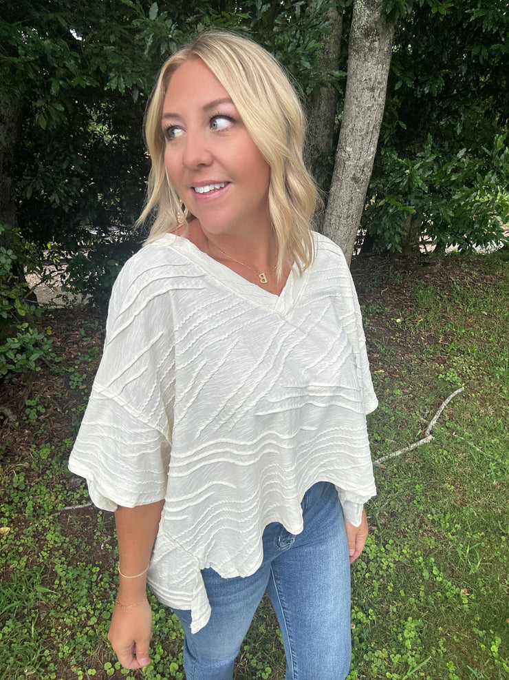 Falling For V Neck Textured Knit Top-Cream