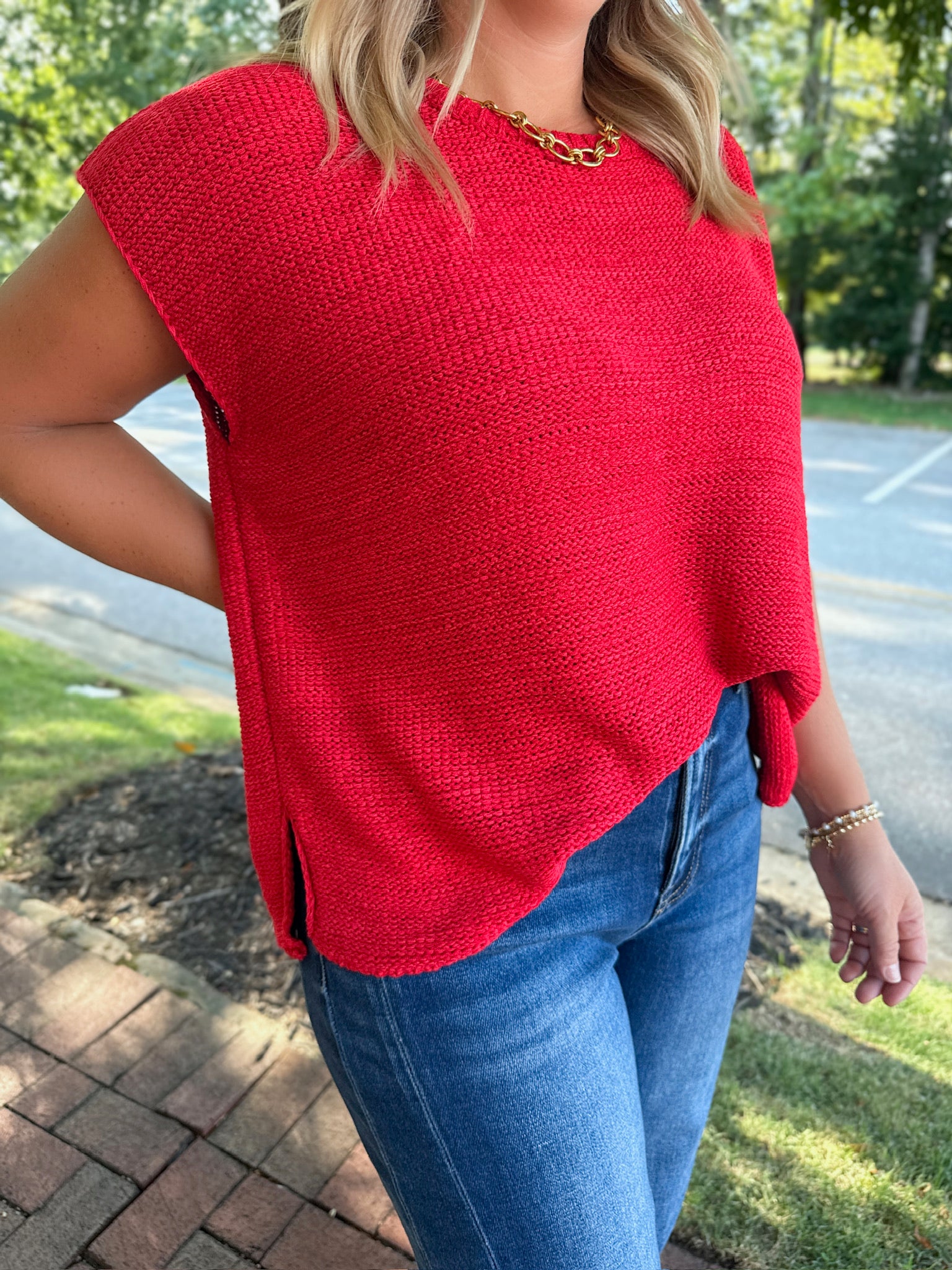 Here I Go Again Knit Short Sleeve Top in Red