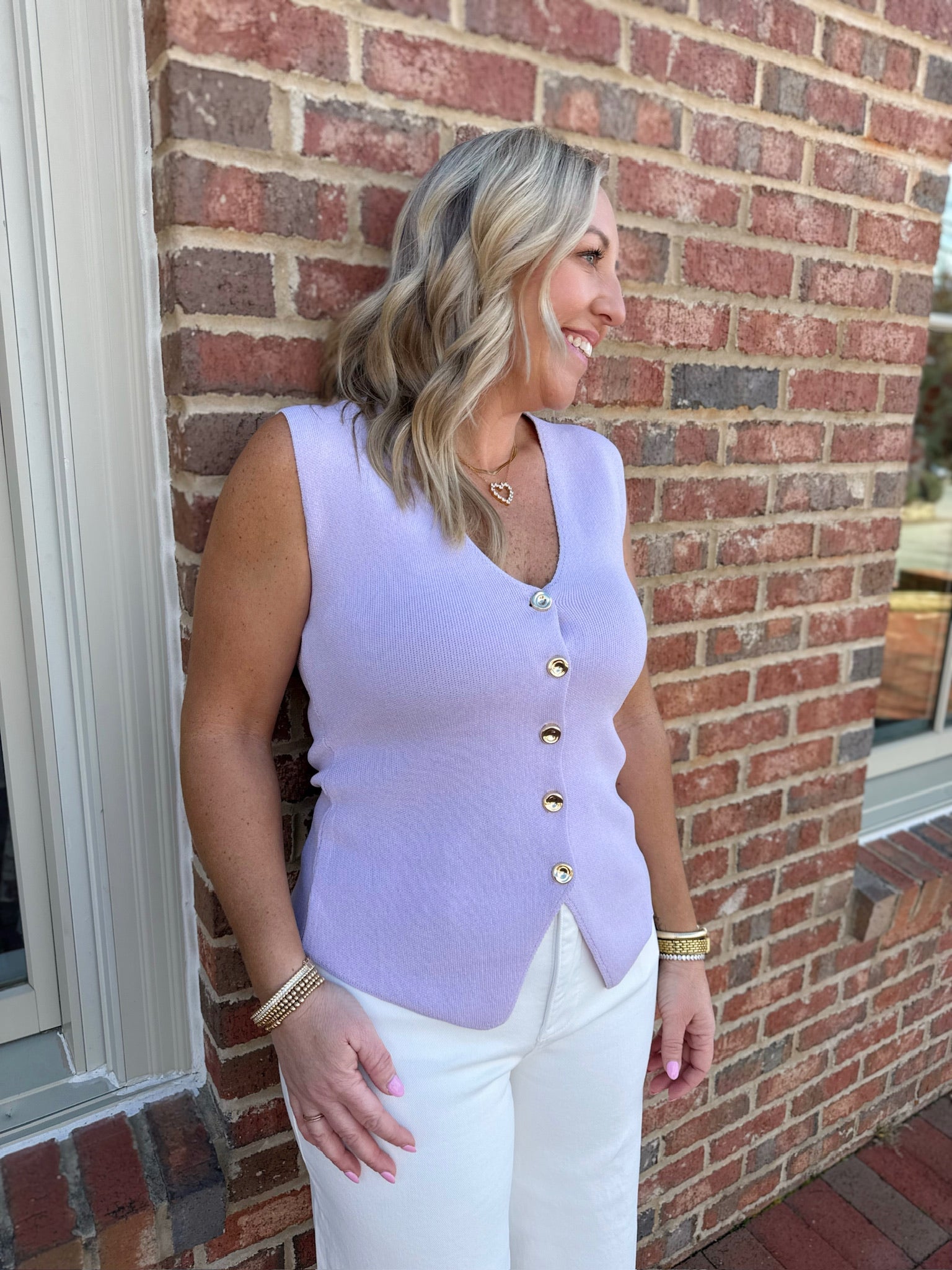 Gabby Front Gold Button Down Vest in Lavender