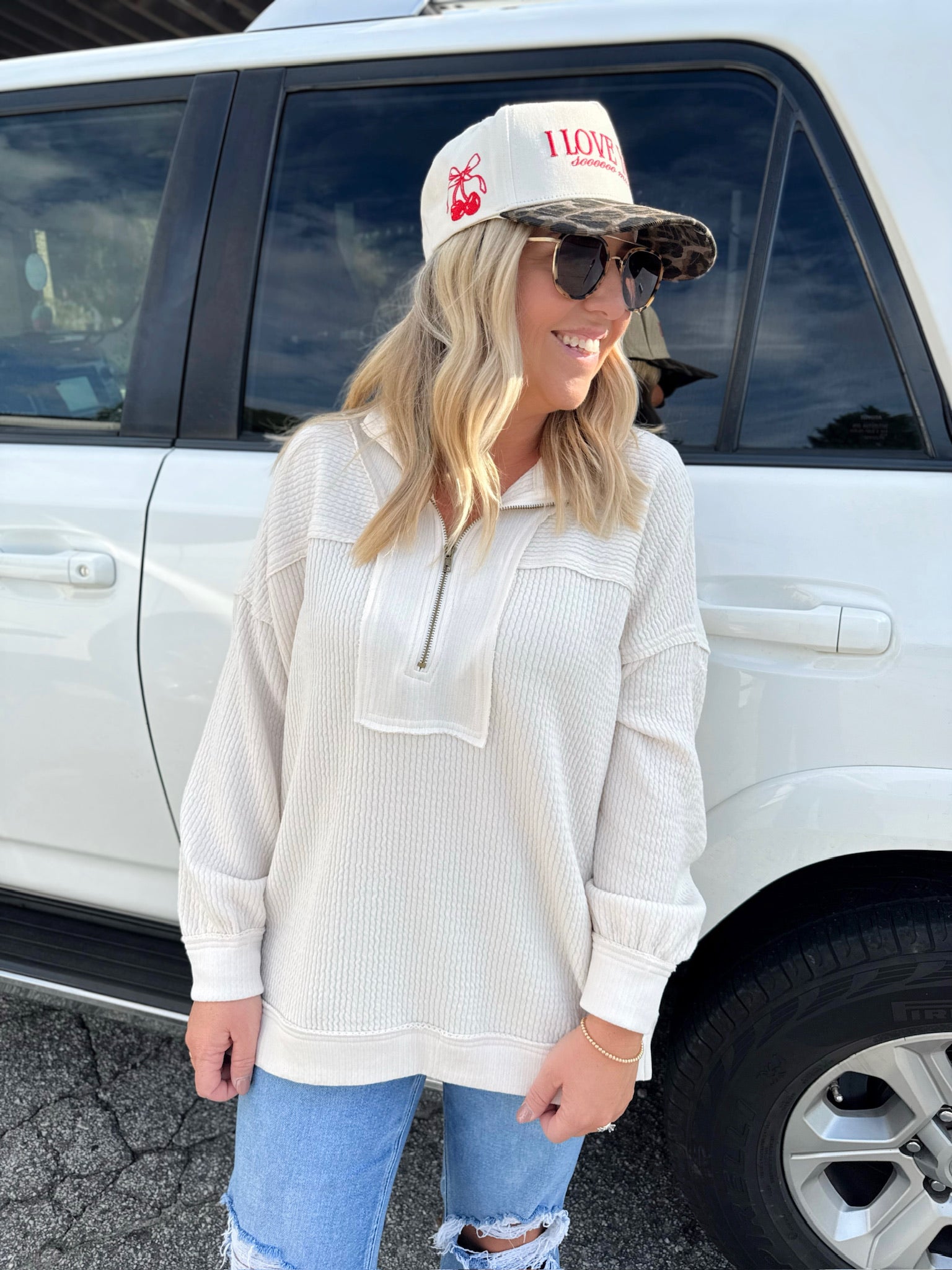 Cant Deny Half Zip Collar Long Sleeve Waffle Knit Top in Cream