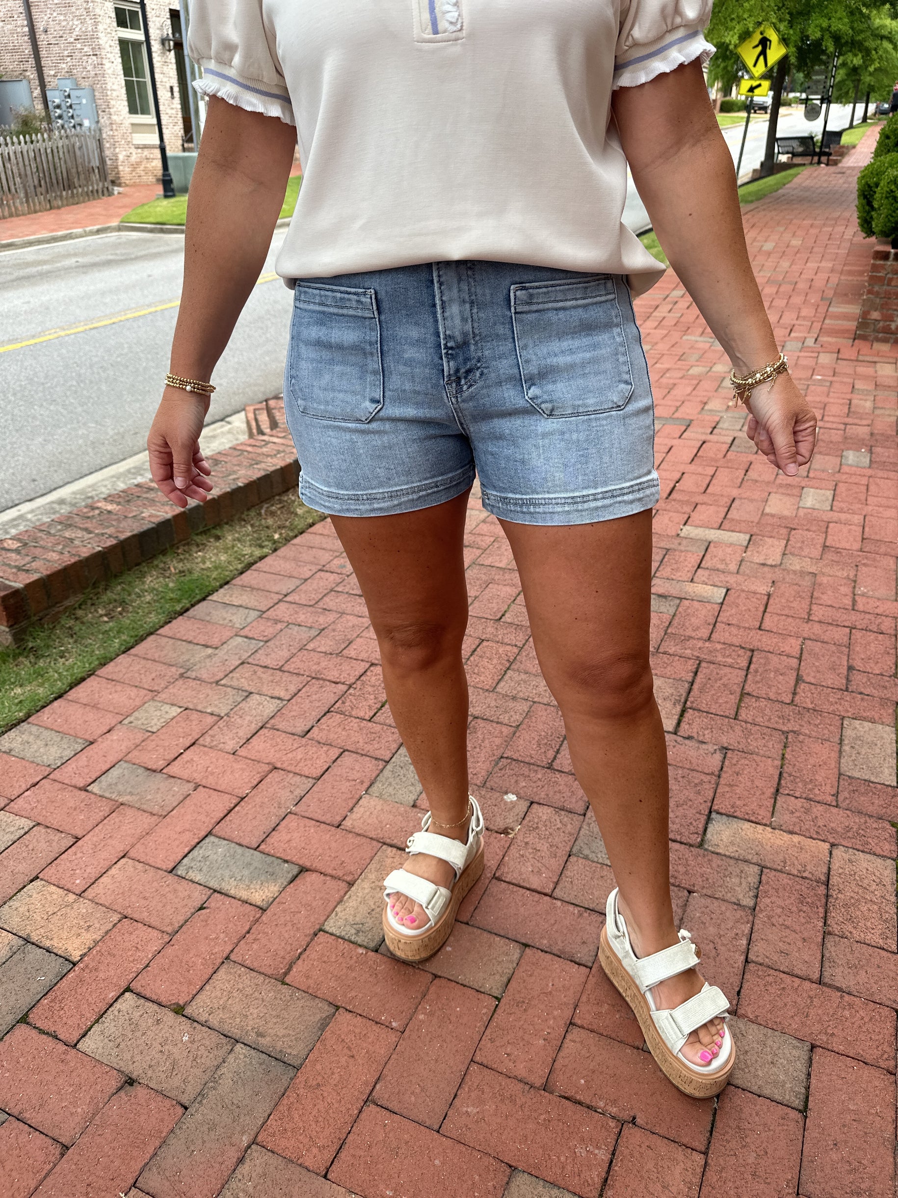 Heart Of Gold High Rise Patch Pocket Light Wash Denim Shorts