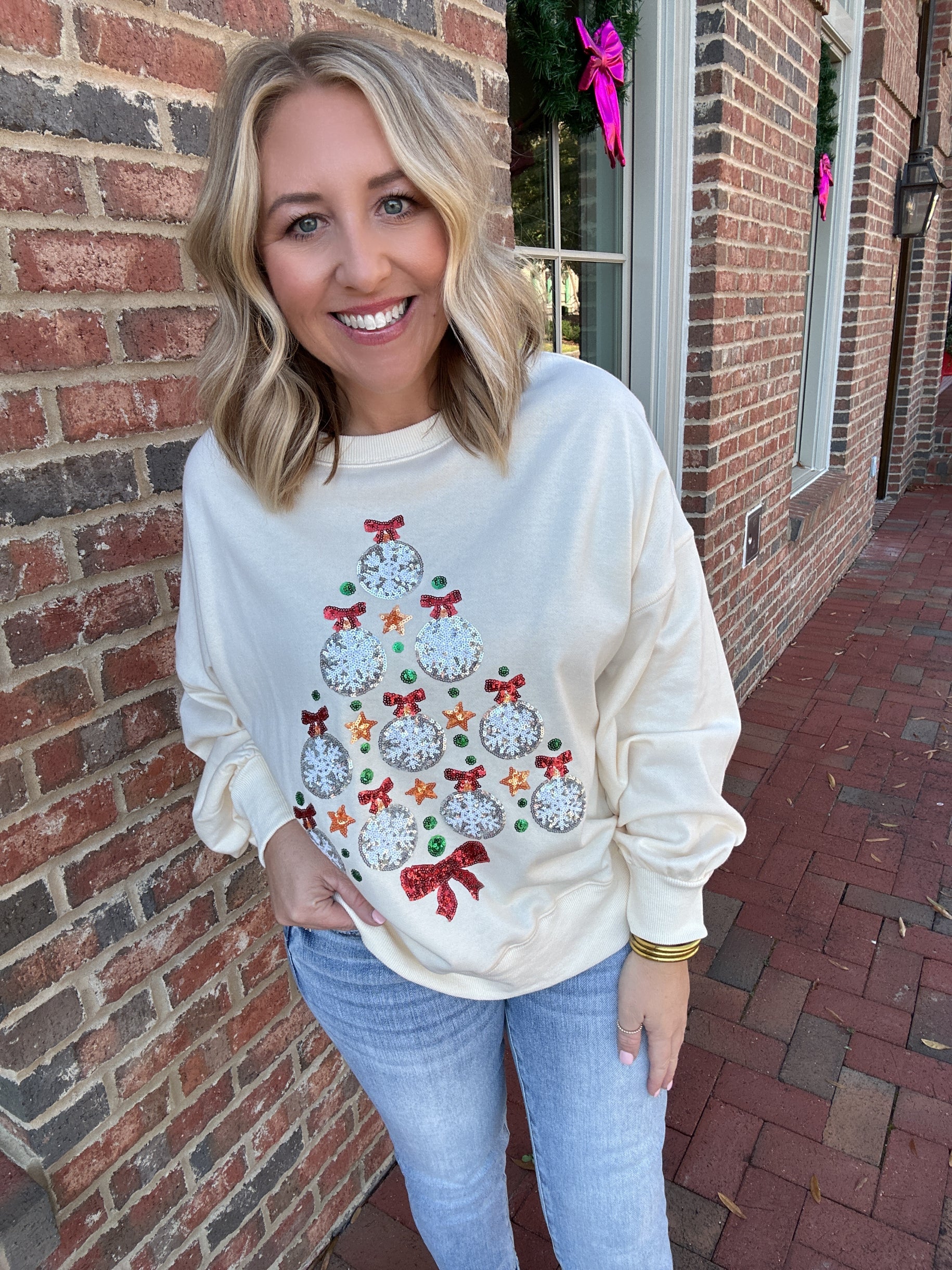 Christmas Spirit Sequin Ornament Tree Oversized Sweatshirt