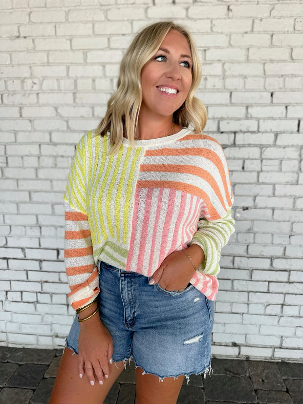 What Will It Be Lemon Mix Striped Light Weight Sweater