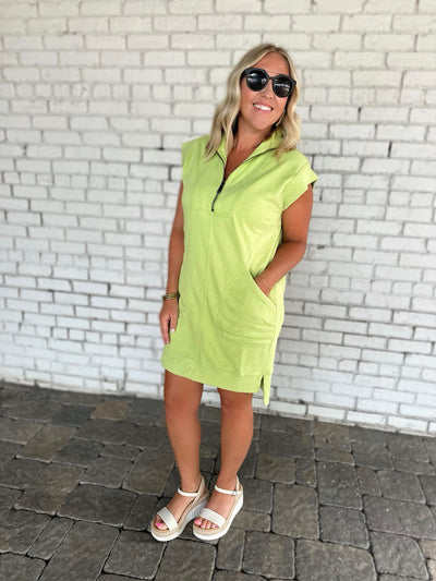 I'm Going To Love You Forever Zip Up Sleeveless Front Packet Dress-Lime