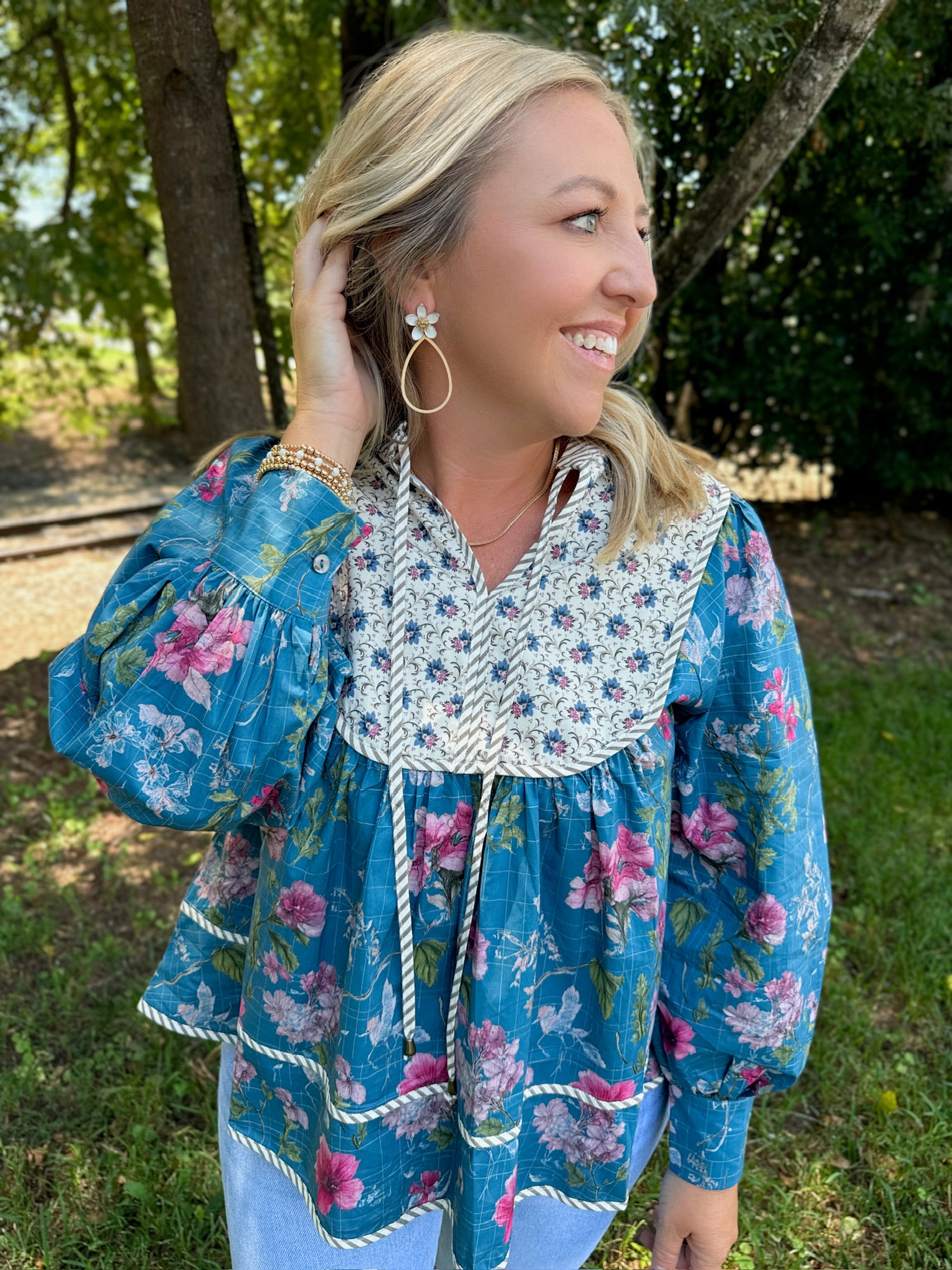 Lily In Teal Floral Smocked Long Sleeve Top