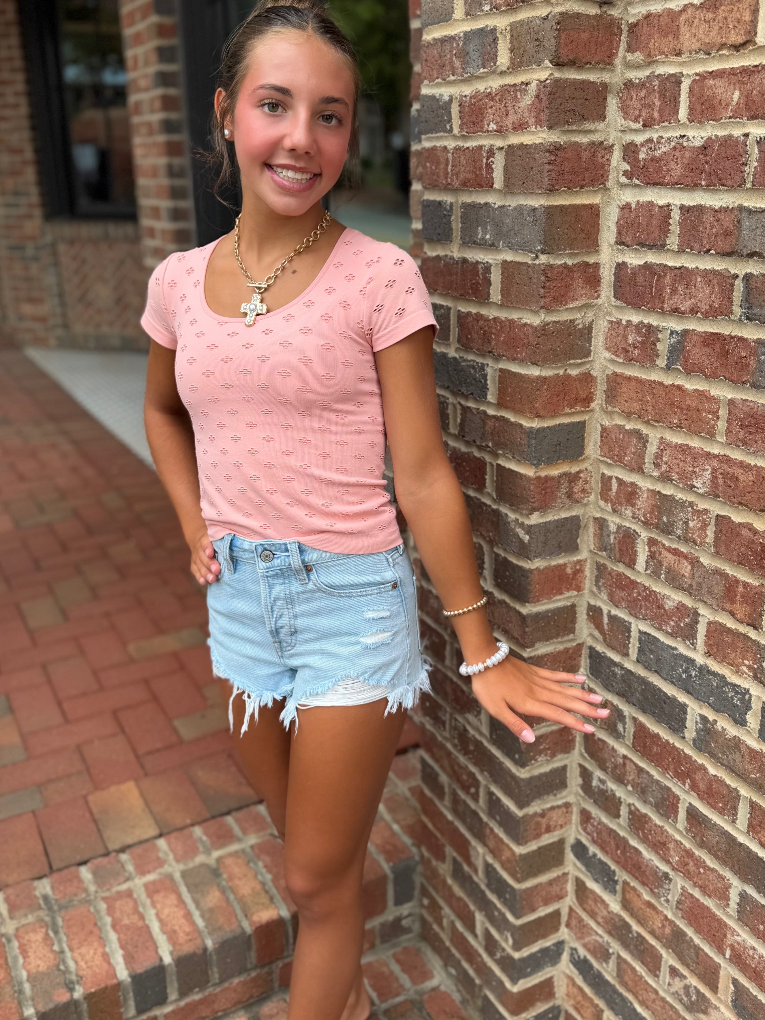 This Happiness Seamless Eyelet Round Neck Short Sleeve Top in Peach