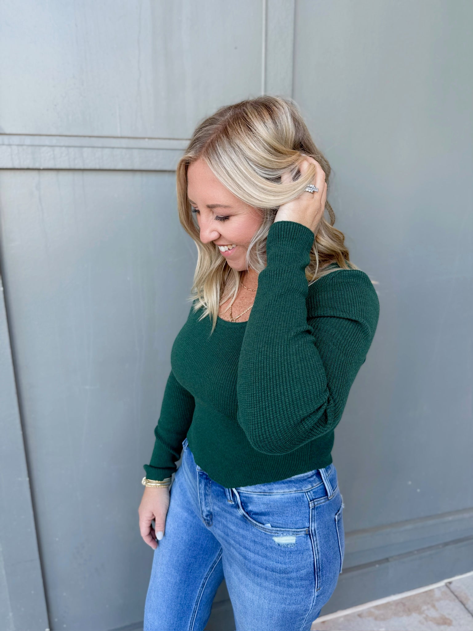 Keep It Real Ribbed Crop Long Sleeve Top in Dark Green