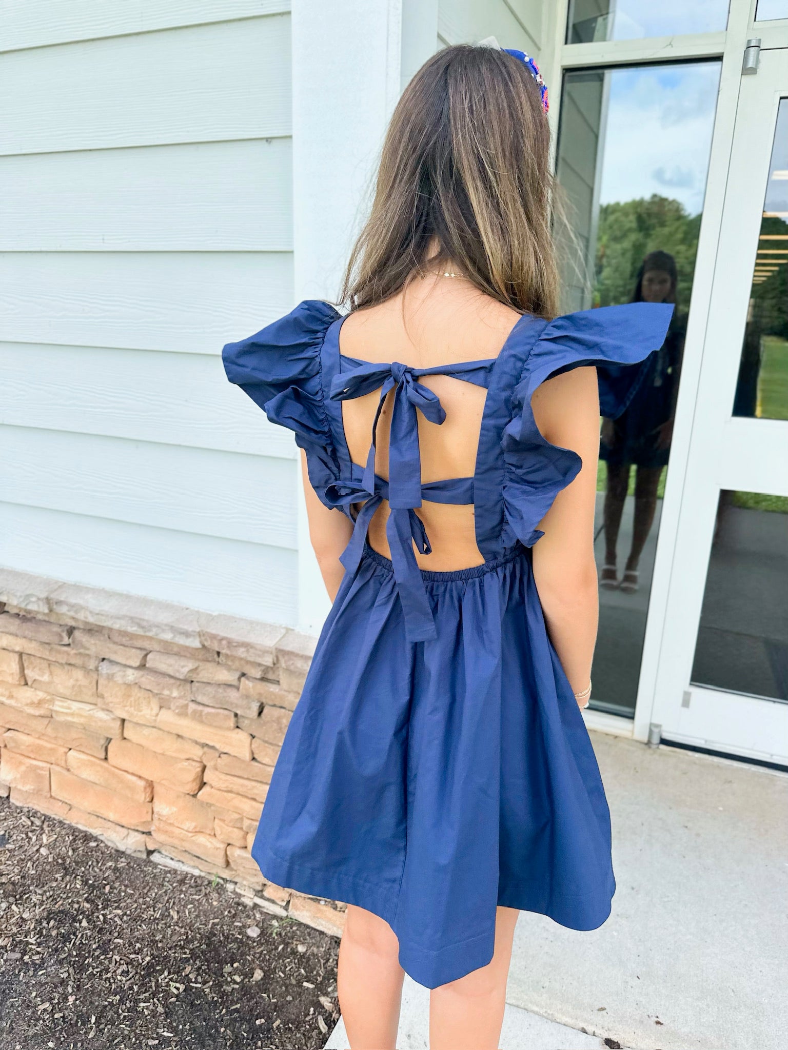 Someone Call Me Baby Ruffle Sleeve Tie Back Mini Dress-Navy