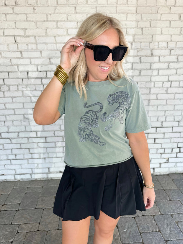Glitter Vintage Tigers Cropped Graphic Tee-Olive