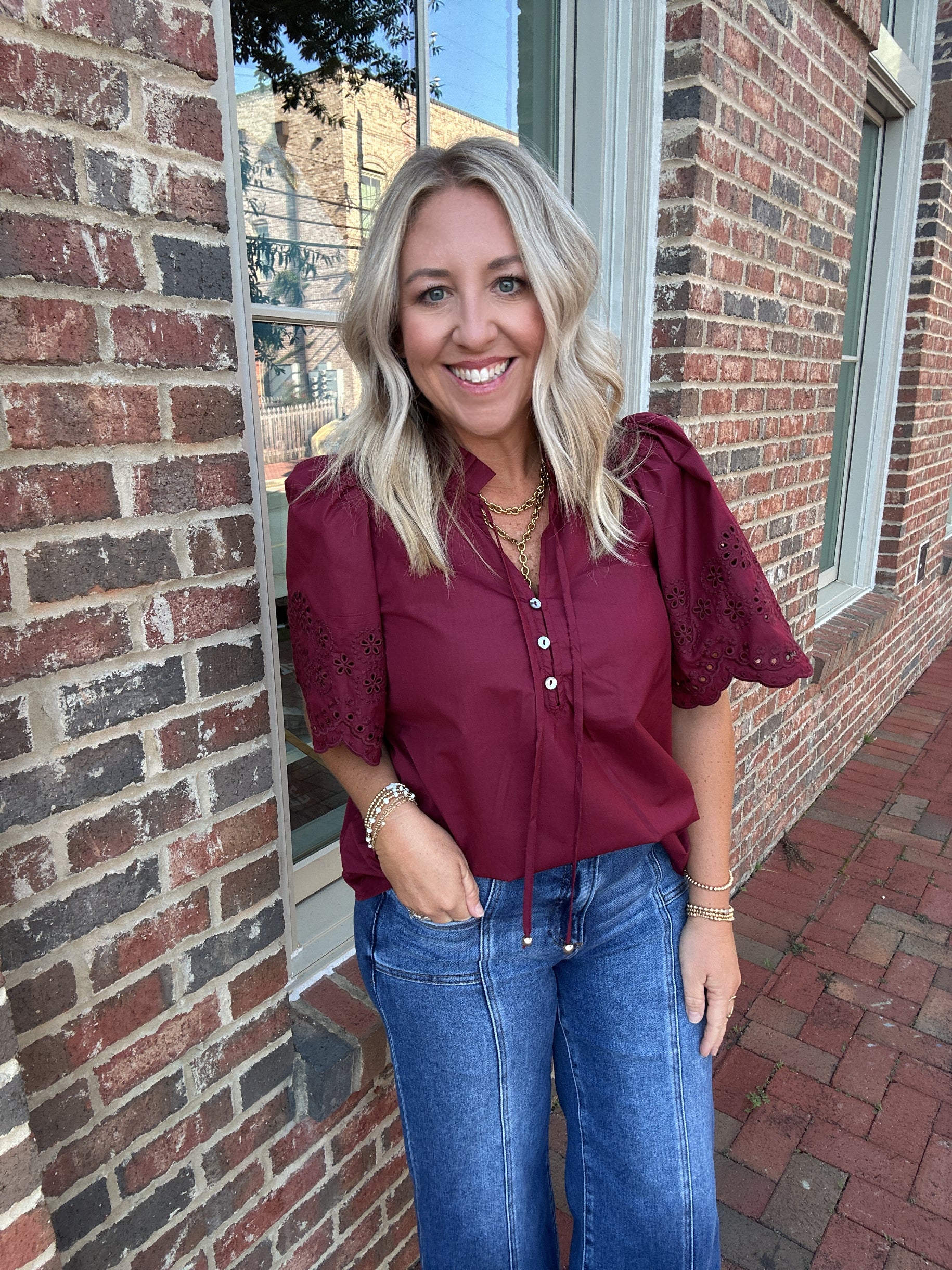 Not So Fast Eyelet Sleeve Flowy Top in Burgundy