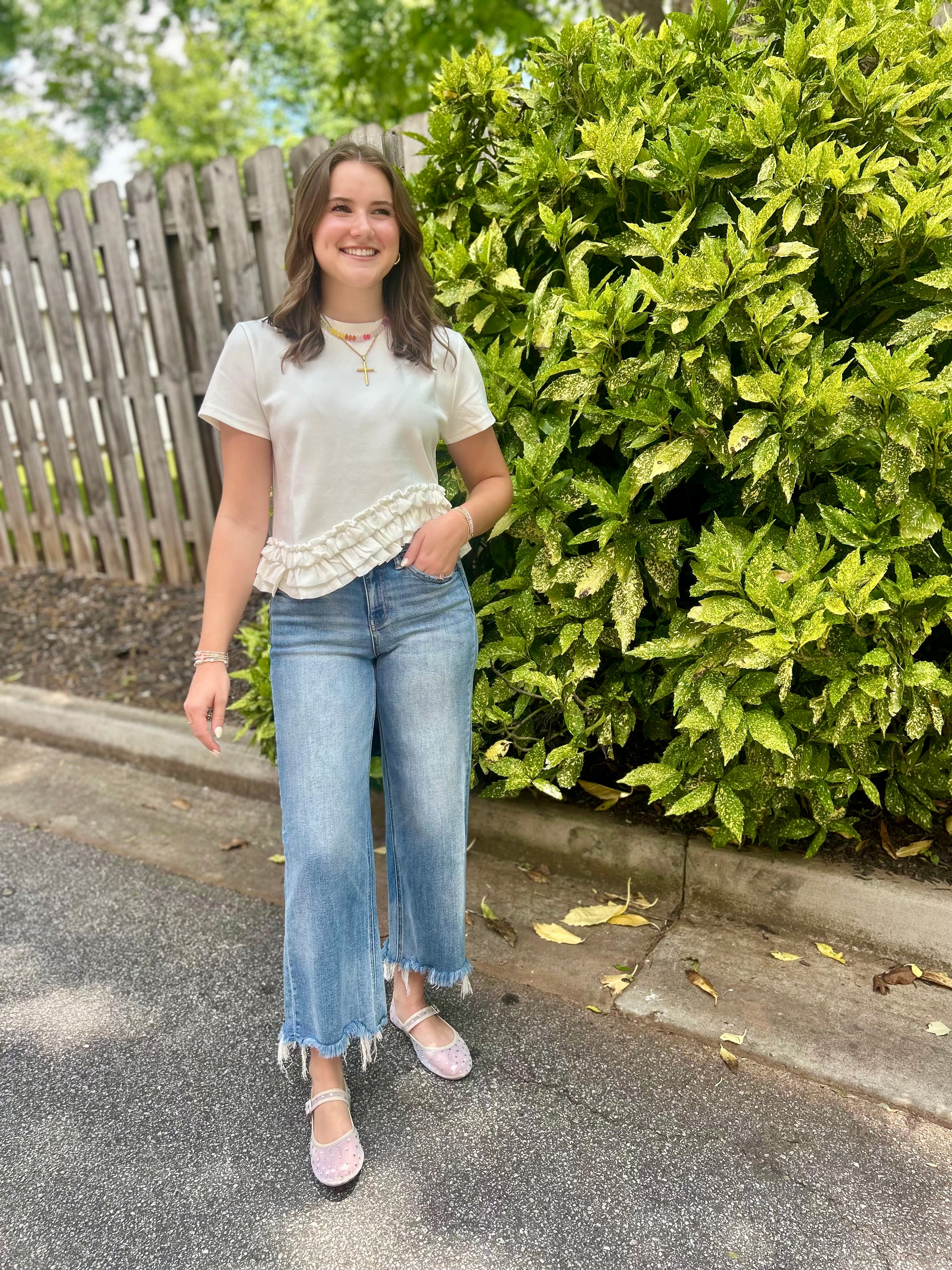 Too Soon Ruffle Asymmetrical Hem Short Sleeve Top