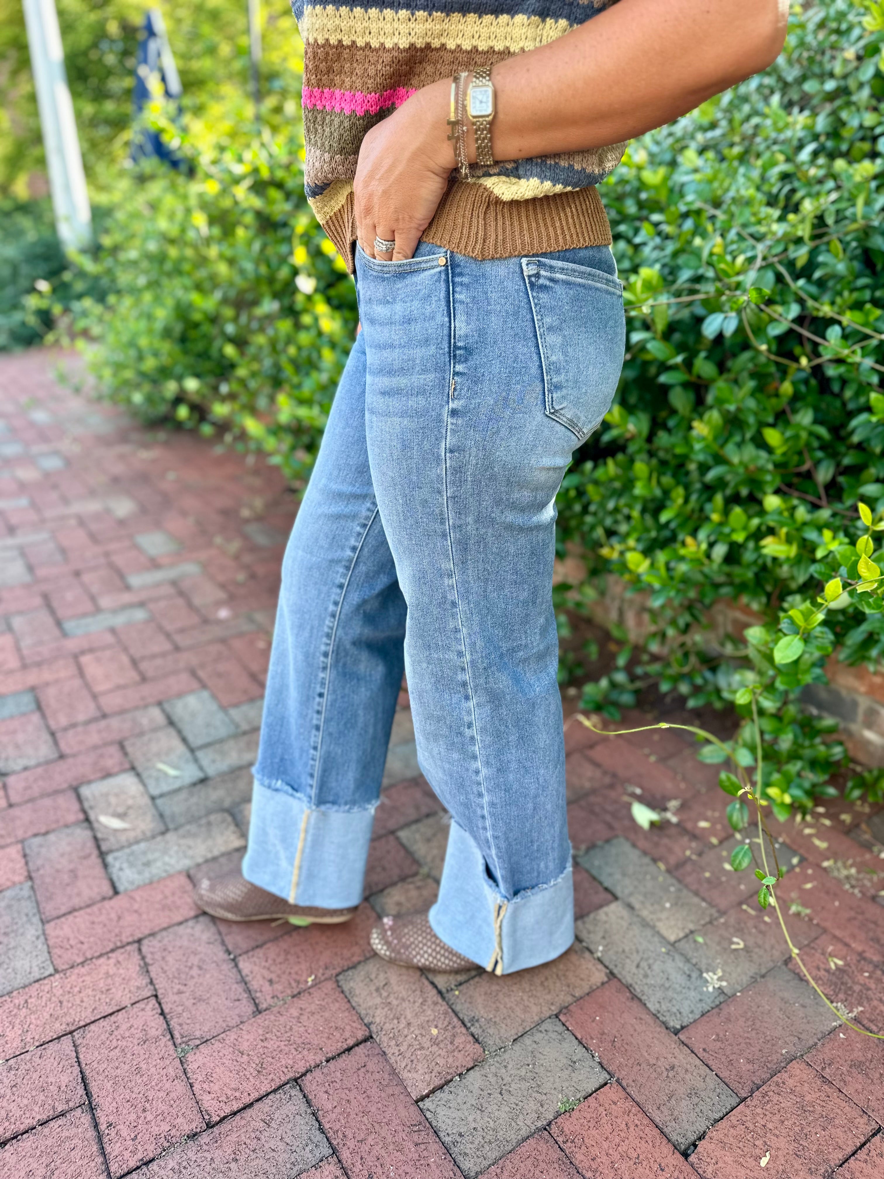 The Maggie Mid Rise Crop Wide Cuffed Jeans