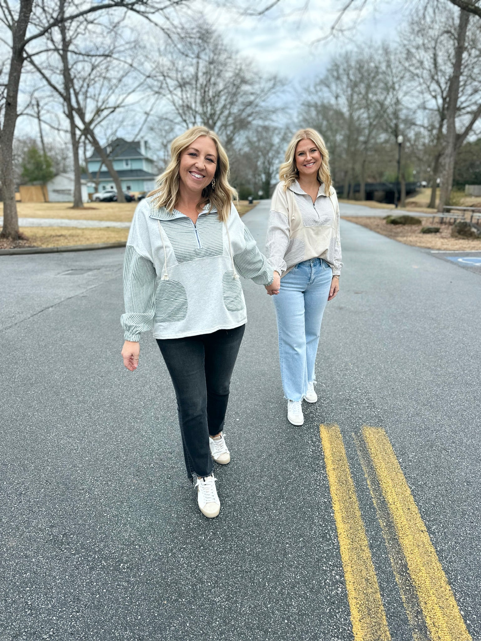 Watch Out in Green Stripe Mix Half Zip French Terry Sweatshirt