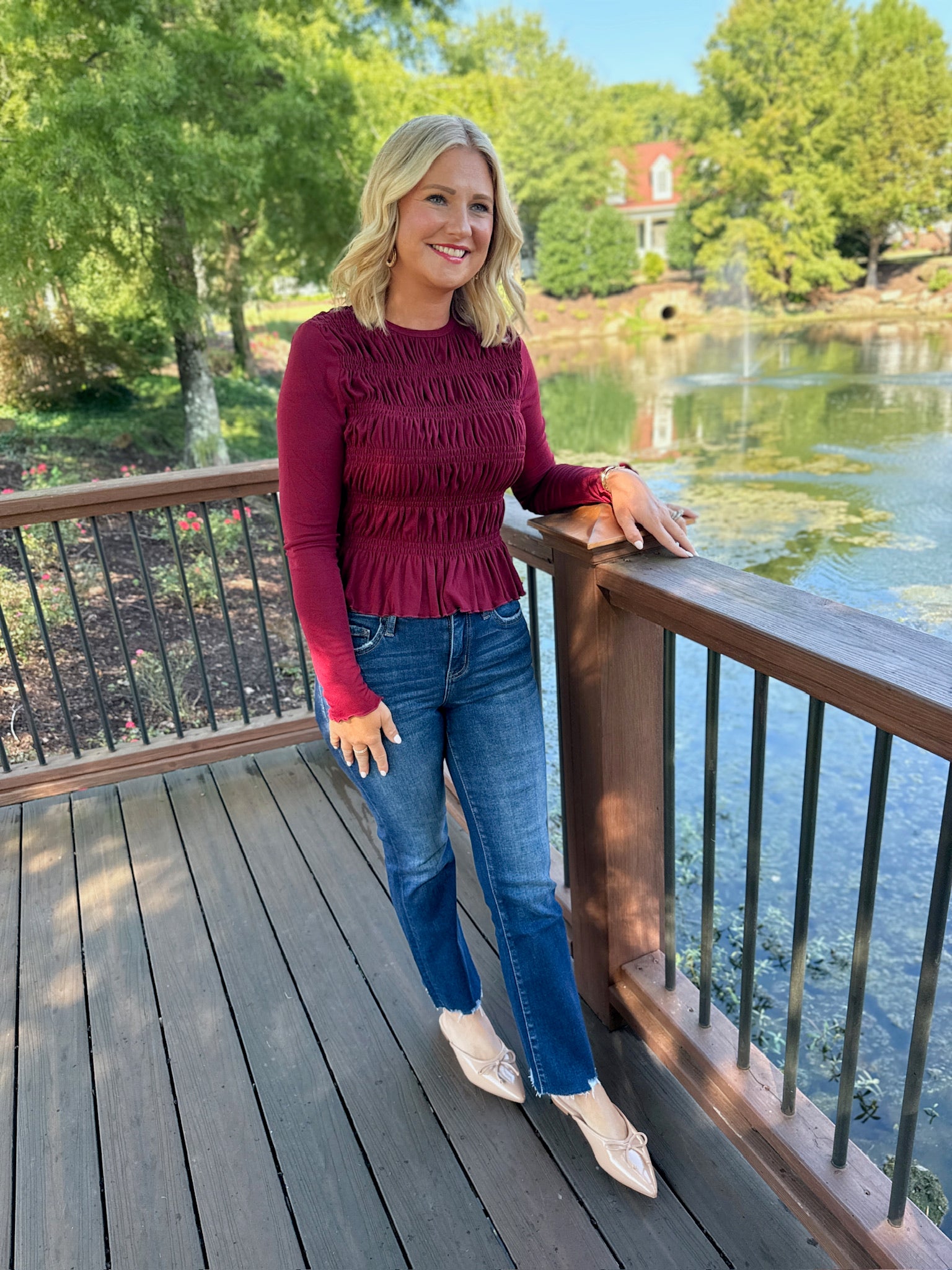 Lovely Round Neck Long Sleeve Smocked Top