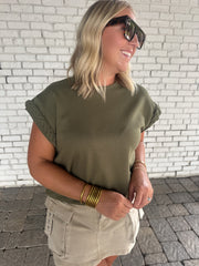 Walking By Olive Cable Embellish Cap Sleeve Top