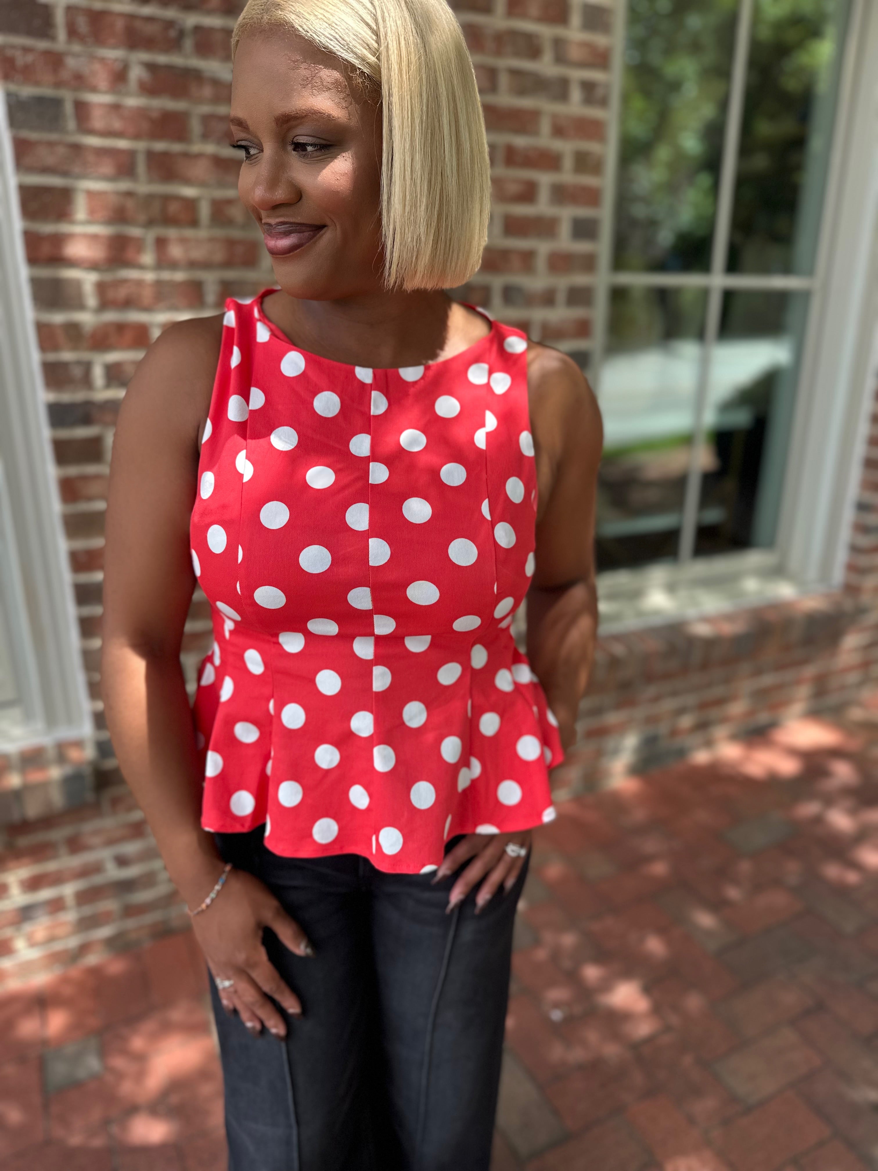 Spotted in Denim Peplum Tank Top in Red