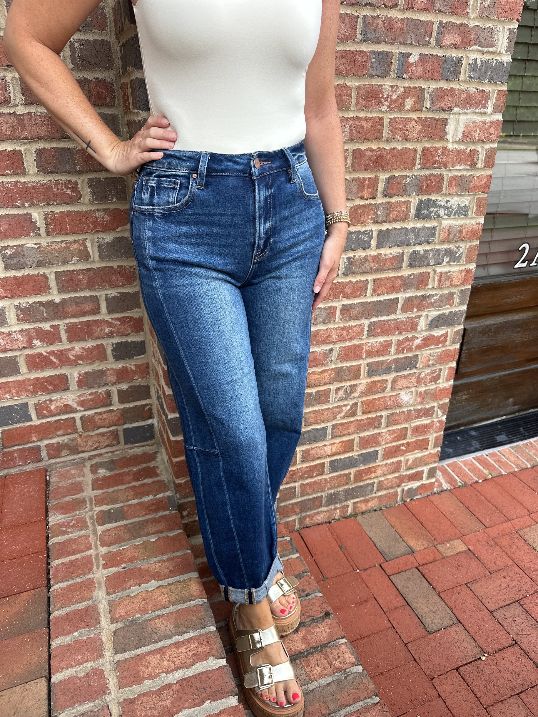 All Along High Rise Cuffed Barrel Jeans in Dark Wash