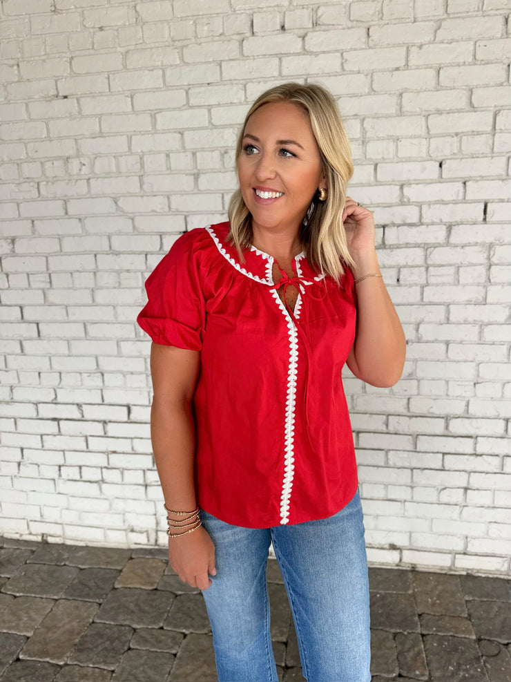 Always Your Fan Embroidered Short Sleeve Top-Red