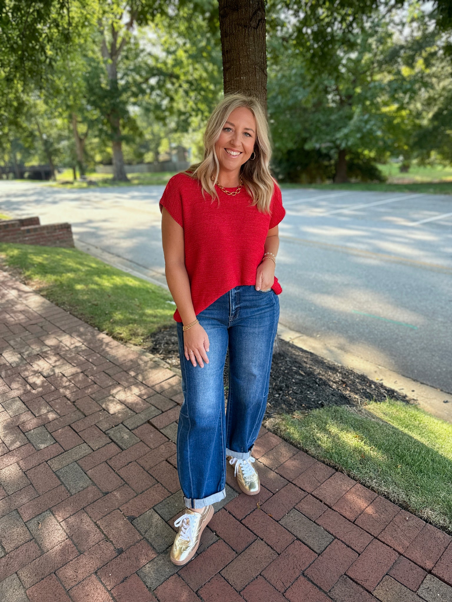 Here I Go Again Knit Short Sleeve Top in Red