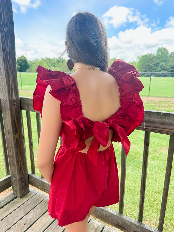 Roll Tide In Crimson Double Layered Ruffle Sleeve Romper