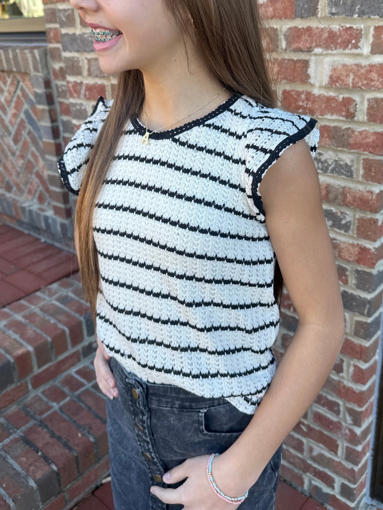 Girl On Stripes Short Sleeve Knit Top