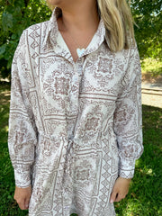 Hide The Wine Printed Beige Button Down Collar Mini Dress