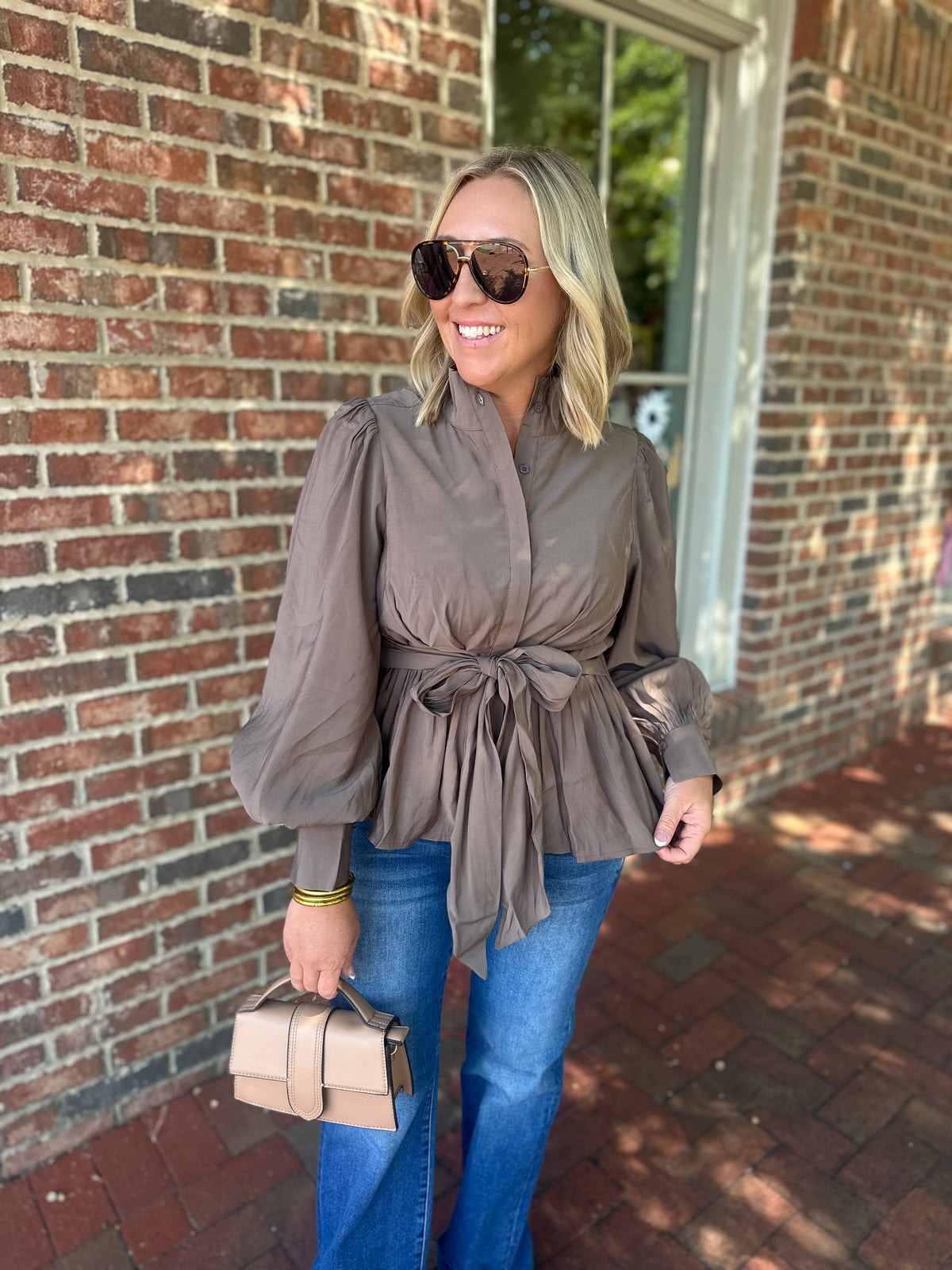 There You Are Mocha Tied Blouse