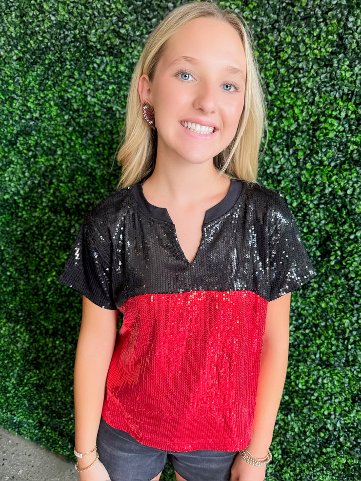 Diane Red & Black Sequin Short Sleeve Top