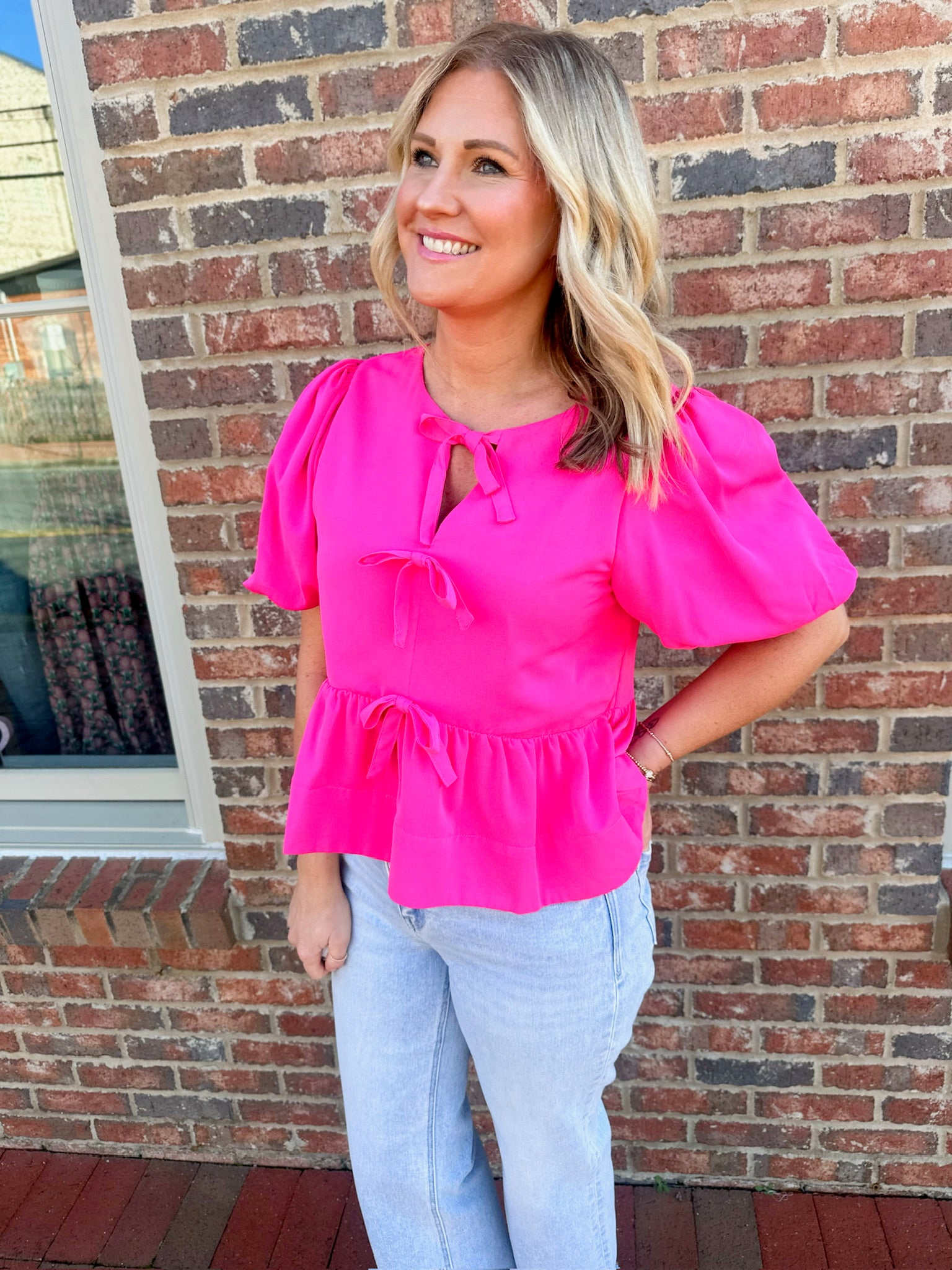 Settle On Down Bubble Sleeve Bow Front Top in Hot Pink