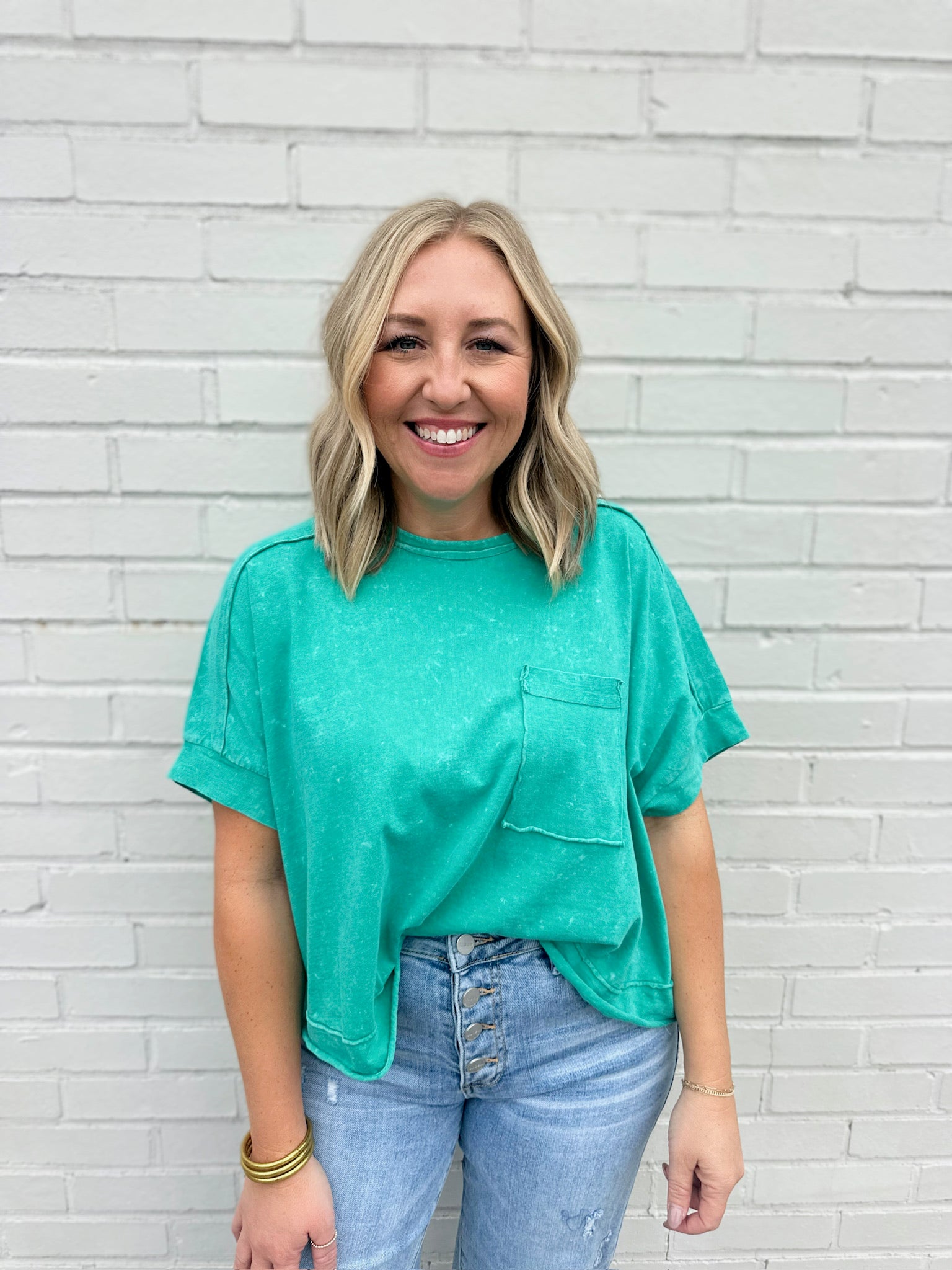 Two Step Washed Soft Crop Oversized T-Shirt-Green